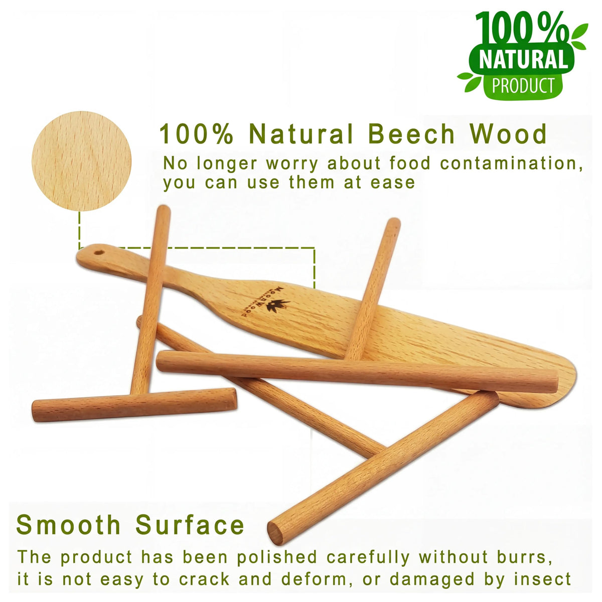 Crepe Spreader Set with Turner, 4-Piece Wooden Batter Tools (3.5, 5, 7, 12 Inch), T-Shaped Design for Pancakes and Griddle Cooking