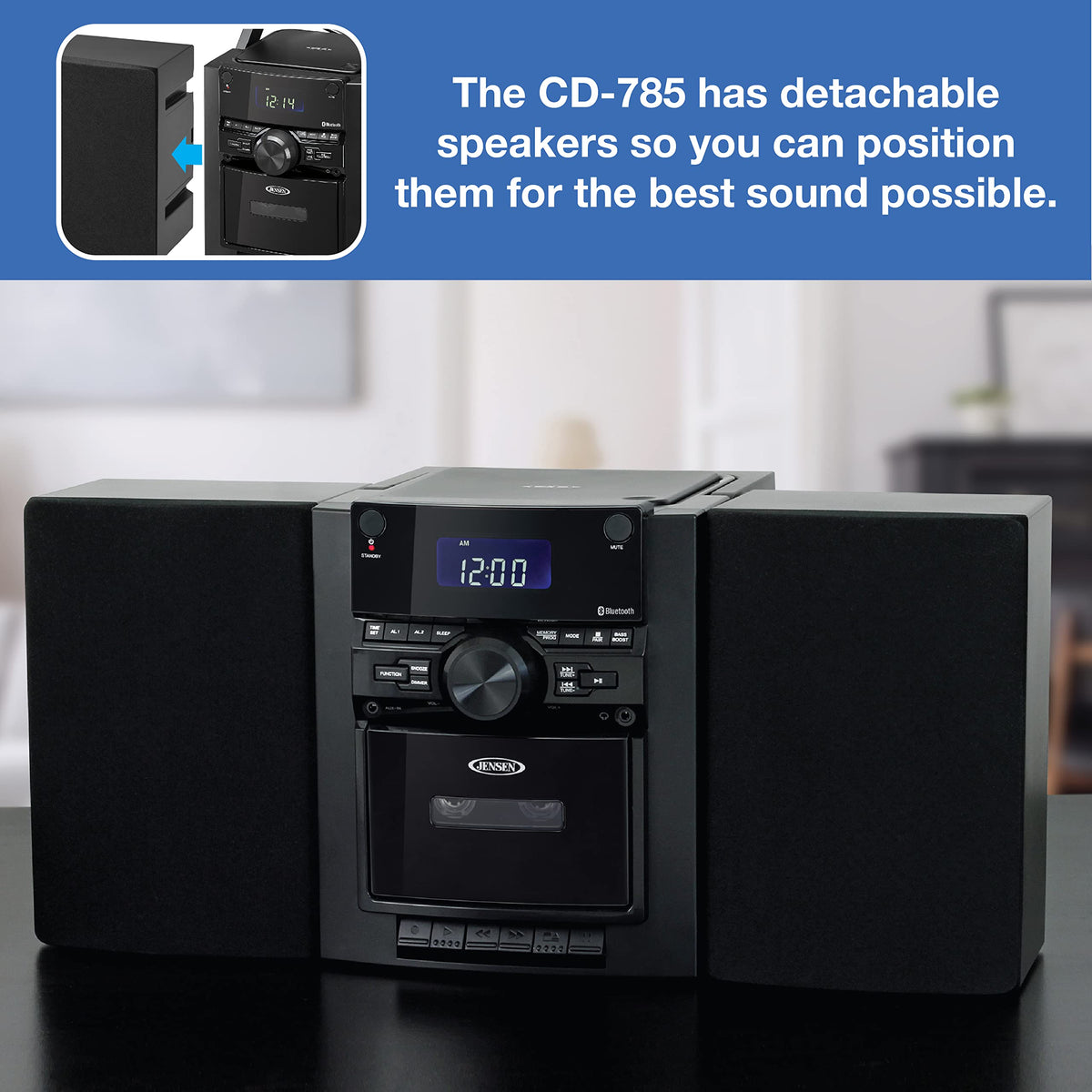 JENSEN 10-Watt Portable Bluetooth Home Stereo System with Detachable Speakers, CD/Cassette Players, AM/FM Radio, Alarm Clock, and Remote (CD-785)