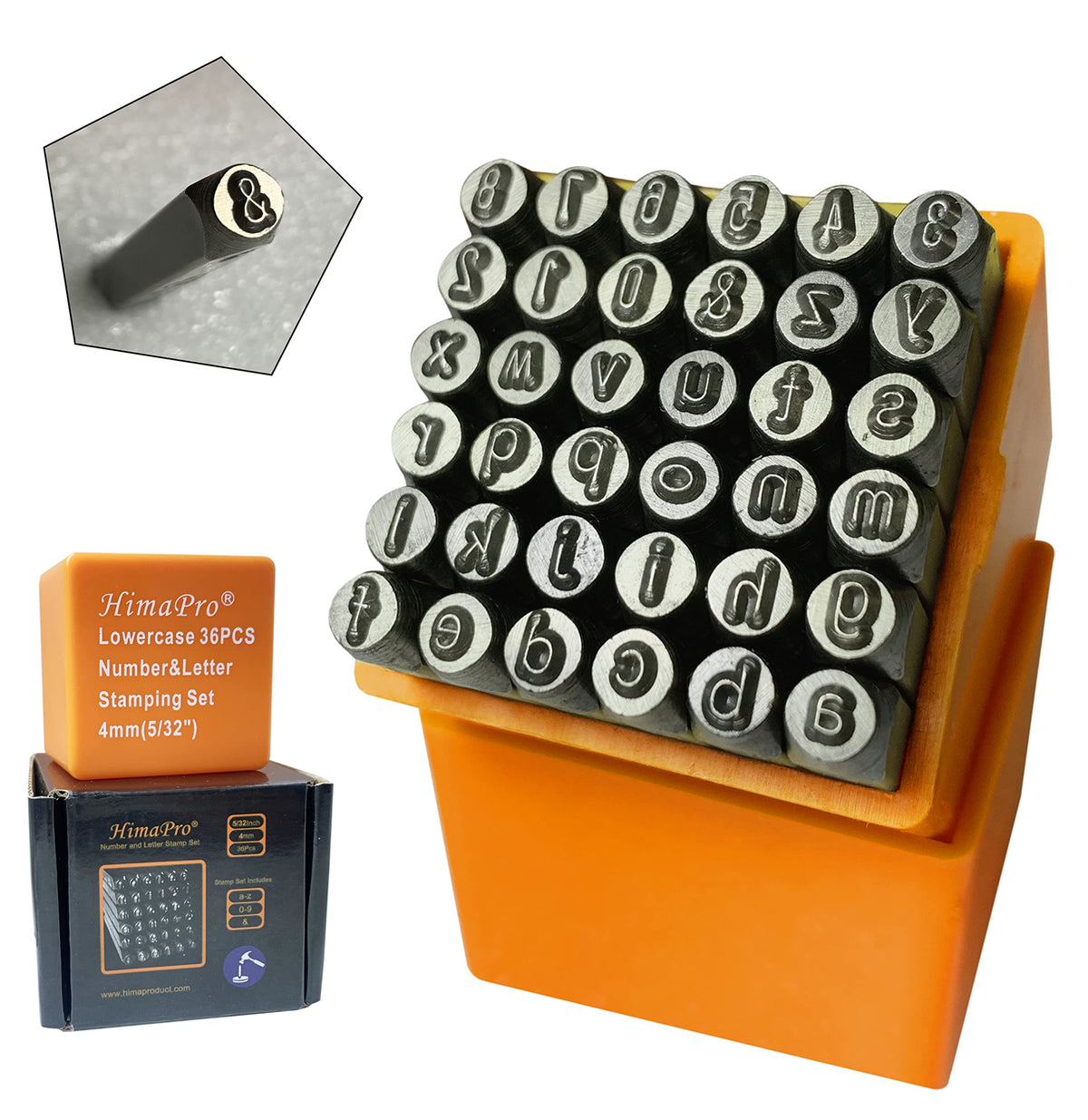 HimaPro Number and Letter Stamp Set 36 PCs Lowercase Industrial Grade Letters 'a'-'z', '&', '0'-'9' in a Plastic Box(4mm - 5/32 Inch)