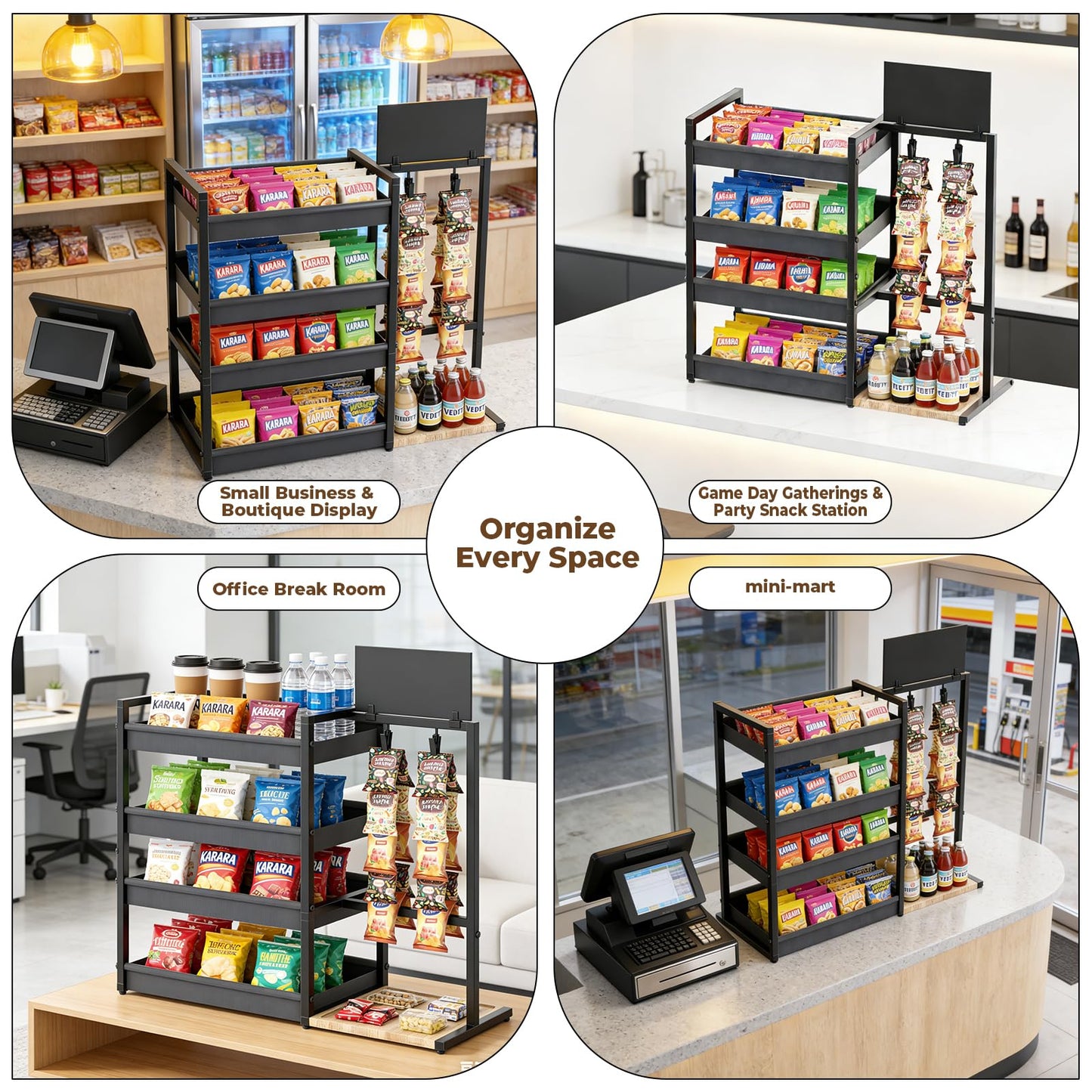 DEMEGA 4-Tier Snack Organizer with 20 Clips, Large Capacity Snack Rack with Message Board, Modern Industrial Snack Cart for Kitchen Office Store Party Countertop, Matte Black Metal & Oxford Fabric Snack Storage