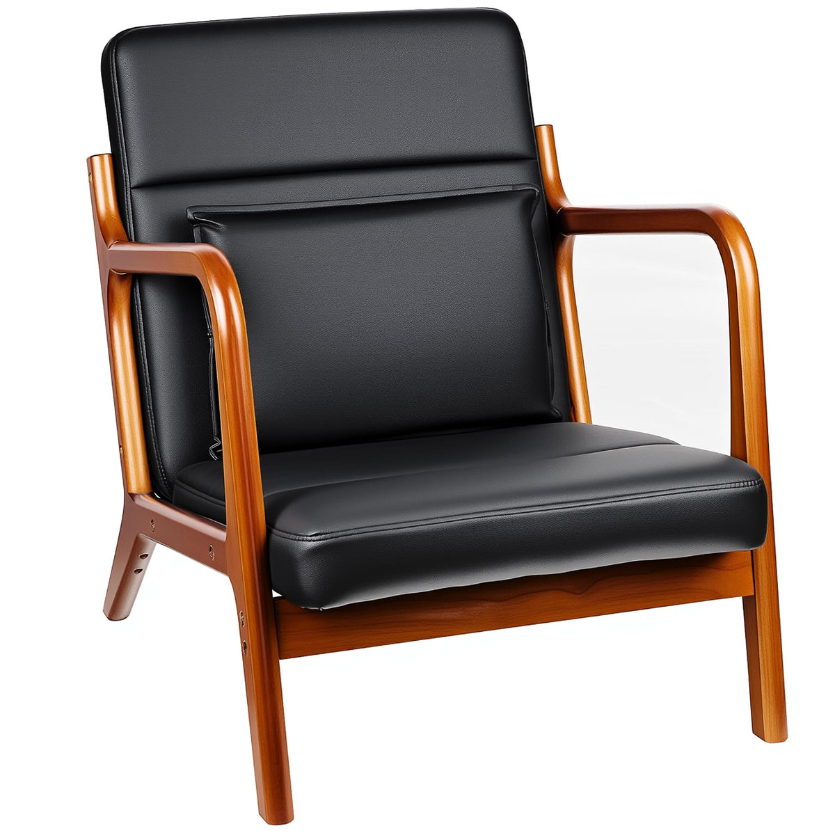 VECELO Mid-Century Modern Accent Chair with Faux Leather Cushion & Solid Wood Frame, Lounge Armchair for Living Room, Bedroom, Office, Black