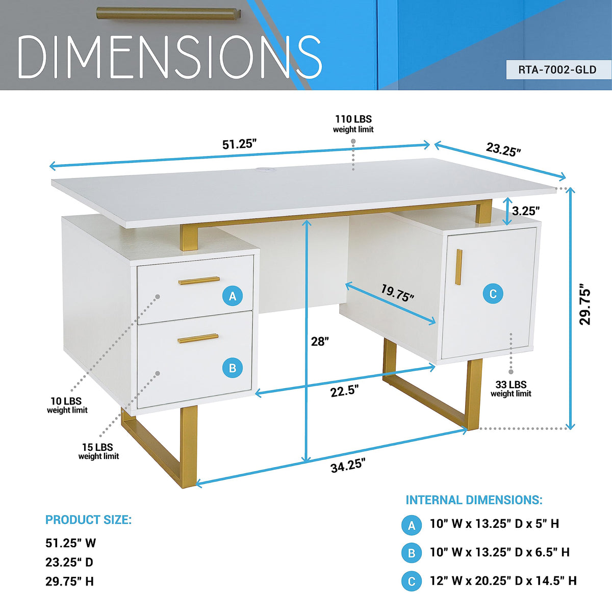 Techni Mobili Storage Drawers and Cabinet 51.25” W-Modern Office Large Floating Desktop Surface Desk, 23.6" D x 51.2" W x 29.8" H, White/Gold