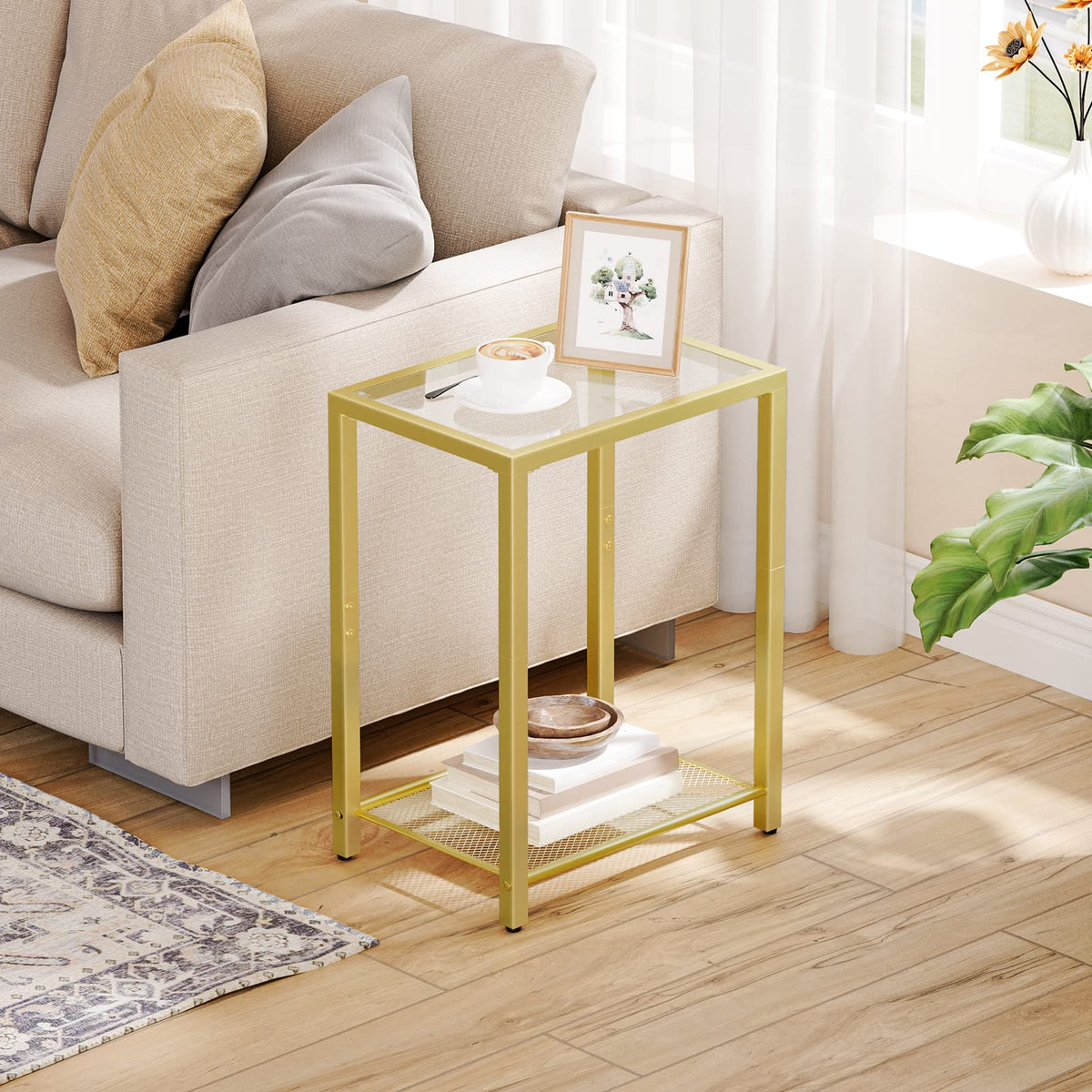 HOOBRO Set of 2 Side Tables, 2-Tier End Table, Nightstands for Tight Spaces, Tempered Glass Bedside Tables, Modern Metal Frame, for Office, Bedroom, Living Room, Study, Gold GD76BZP201