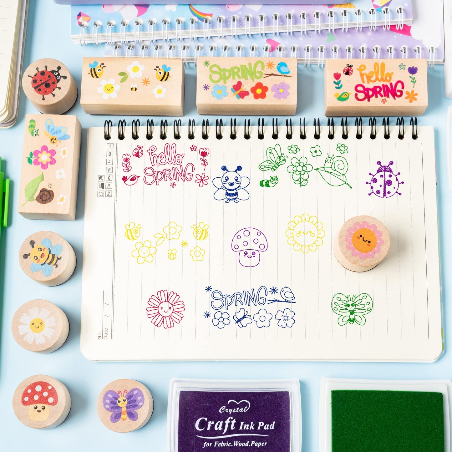 CUweipeng Spring Wooden Rubber Stamps - 30 Pcs Hello Spring DIY Craft Card Stamps Pads Animal Flower Rubber Ink Pads Set for Kids Birthday Gift Favor Classroom Card Scrapbooking Making Supplies