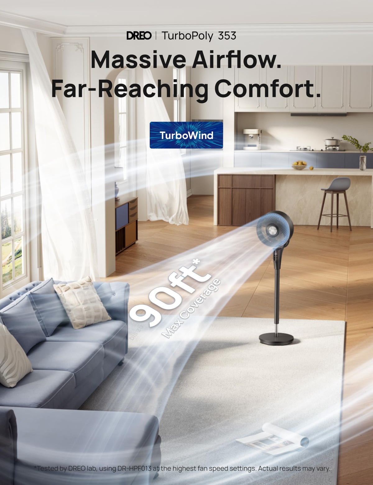 DREO Fan for Bedroom, 2026 Upgraded, 90ft Airflow, 20dB Quiet Fan, 90° Oscillating Standing Fan for Whole Room, DC Motor, 8+H Speeds, 3 Modes, 38-42'' Adjustable Height, 8H Timer, 105° Manual Vertical