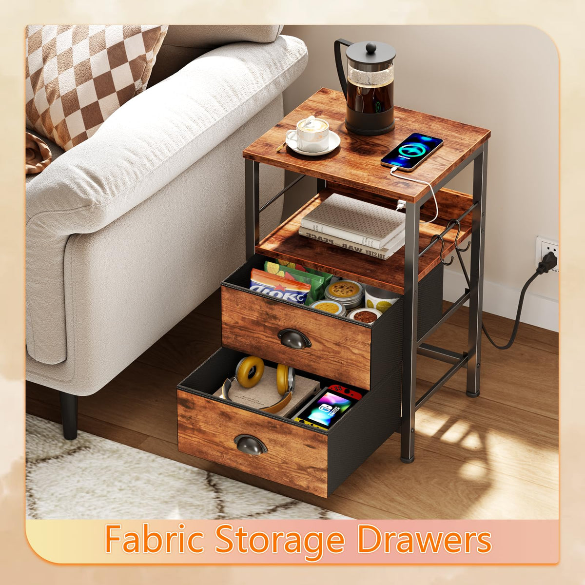 Furologee End Table with Charging Station, Nightstand with Fabric Drawers, Side Table with USB Ports & Outlets, Night Stand with Storage Shelf & Hooks, for Living Room/Bedroom, Rustic Brown