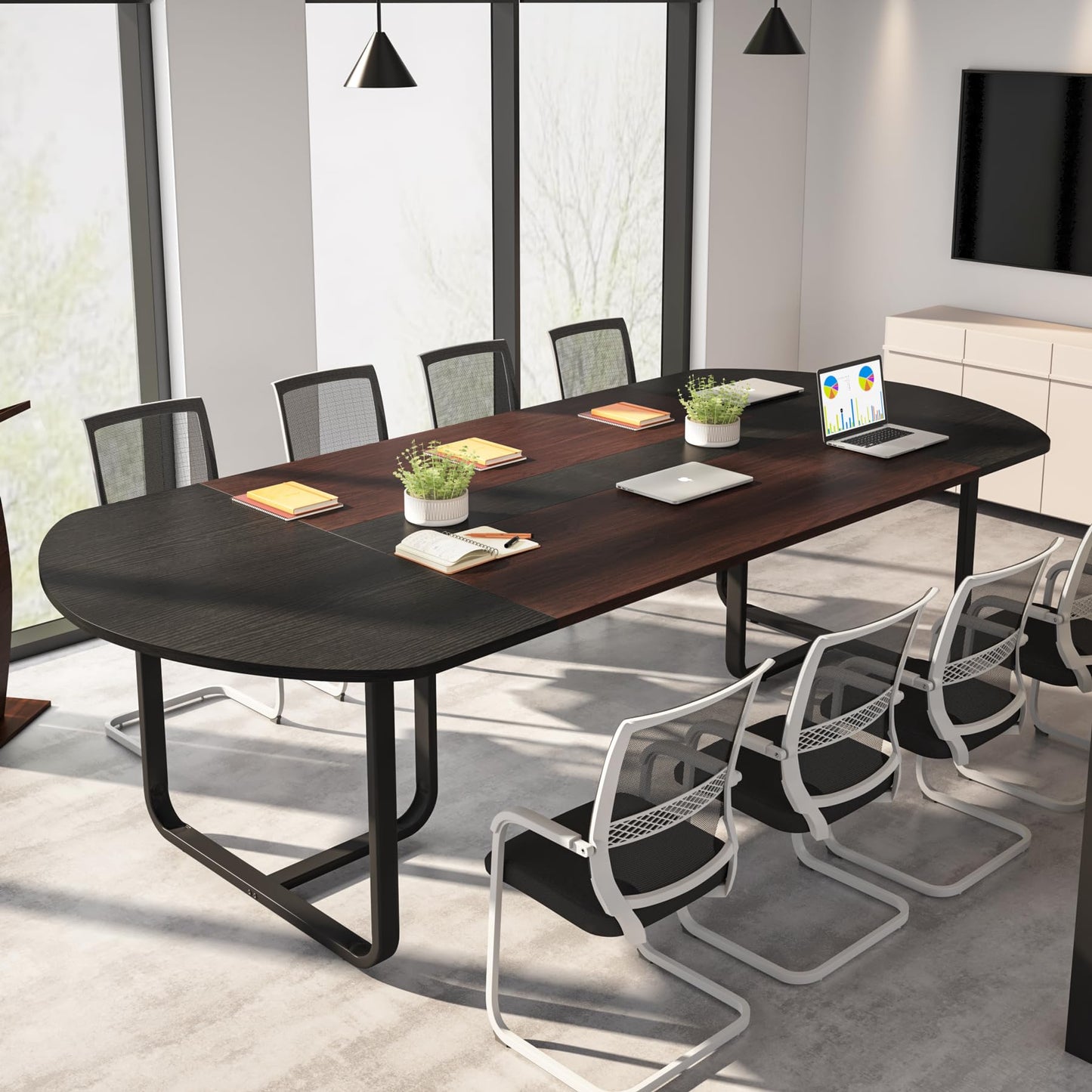 Tribesigns 6FT Oval Conference Table, 70.86" Curved Meeting Tables, Brown Blak Business Table,Two-Tone Finish Curved Meeting Tables for Office,Training Seminar Table for 4-6