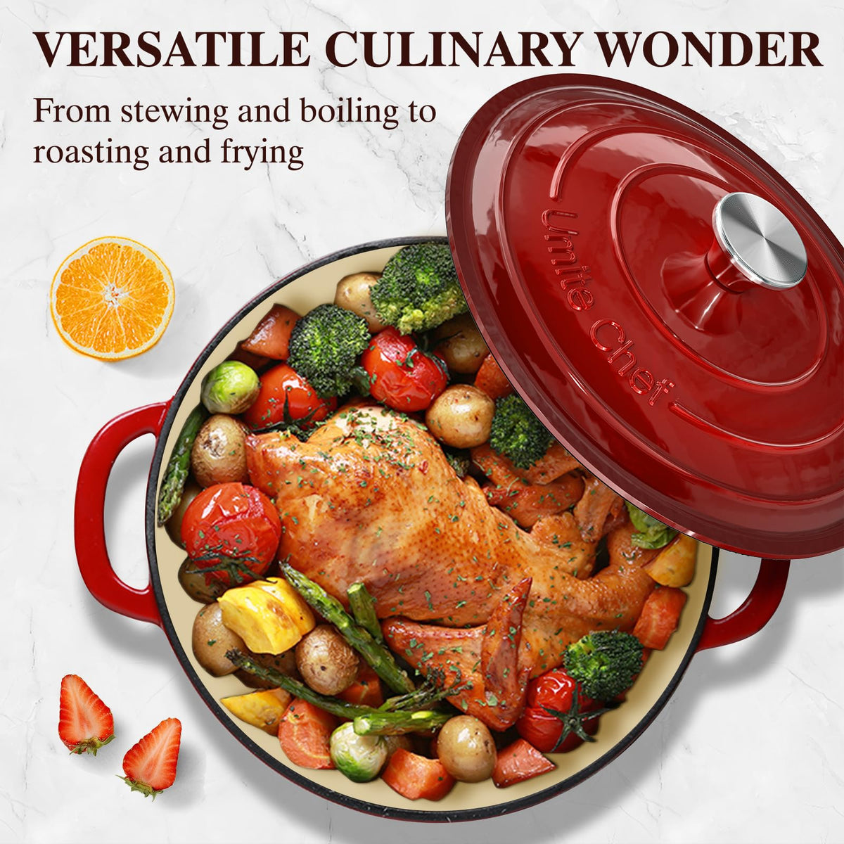 Enameled Cast Iron Dutch Oven - Umite Chef 5QT Pot with Lid & Cotton Potholders - Heavy-Duty Cookware for Bread Baking, Braising, Stews, Roasting(Red)