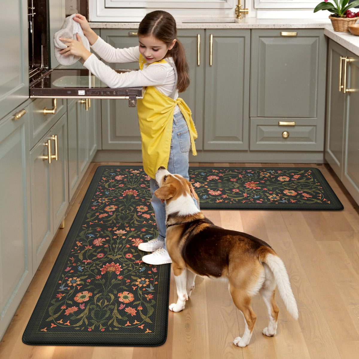 Collive Kitchen Mats for Floor 2PCS, Cushioned Anti Fatigue Mat Non Slip Waterproof Kitchens Sink Rug, Floral Comfort Padded Standing Mat for Laundry, Desk, Bar, Office, 17.3"x29"+17.3"x47", Black
