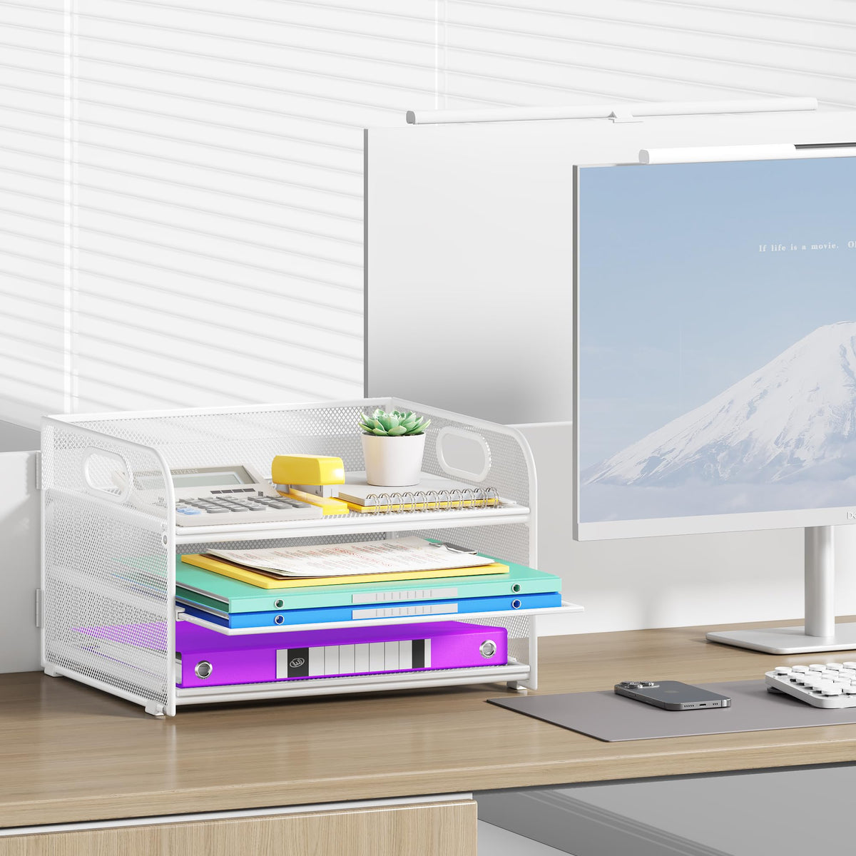 Cawukege 3 Tier Paper Organizer with Handle, Metal Desk Organizer Mesh Paper Letter Tray Desktop File Folder Document Sorter for Classroom, School, Office Accessories Storage (1, White)