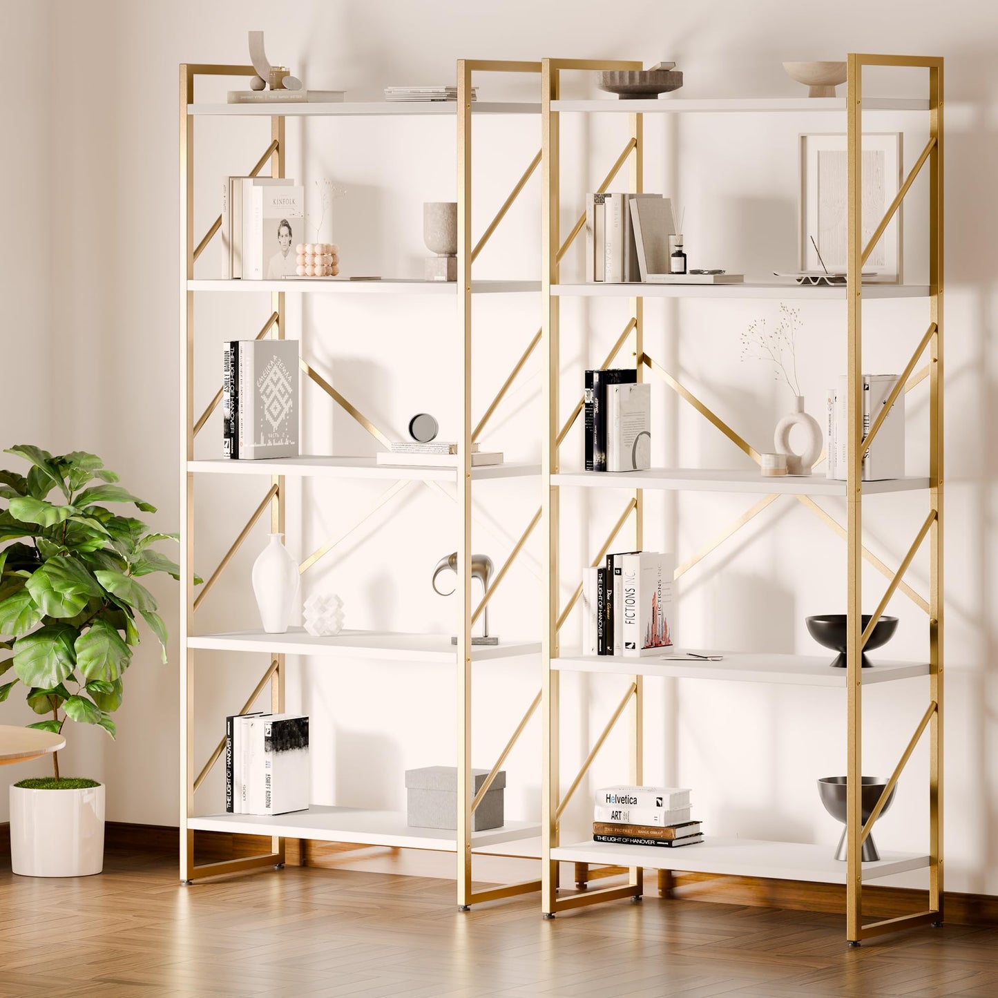 Shintenchi 5 Tiers Bookshelf, Classically Tall Bookcase Shelf,Industrial Book Rack,Modern Book Holder in Bedroom/Living Room/Home/Office, Storage Rack Shelves for Books/Movies,Gold