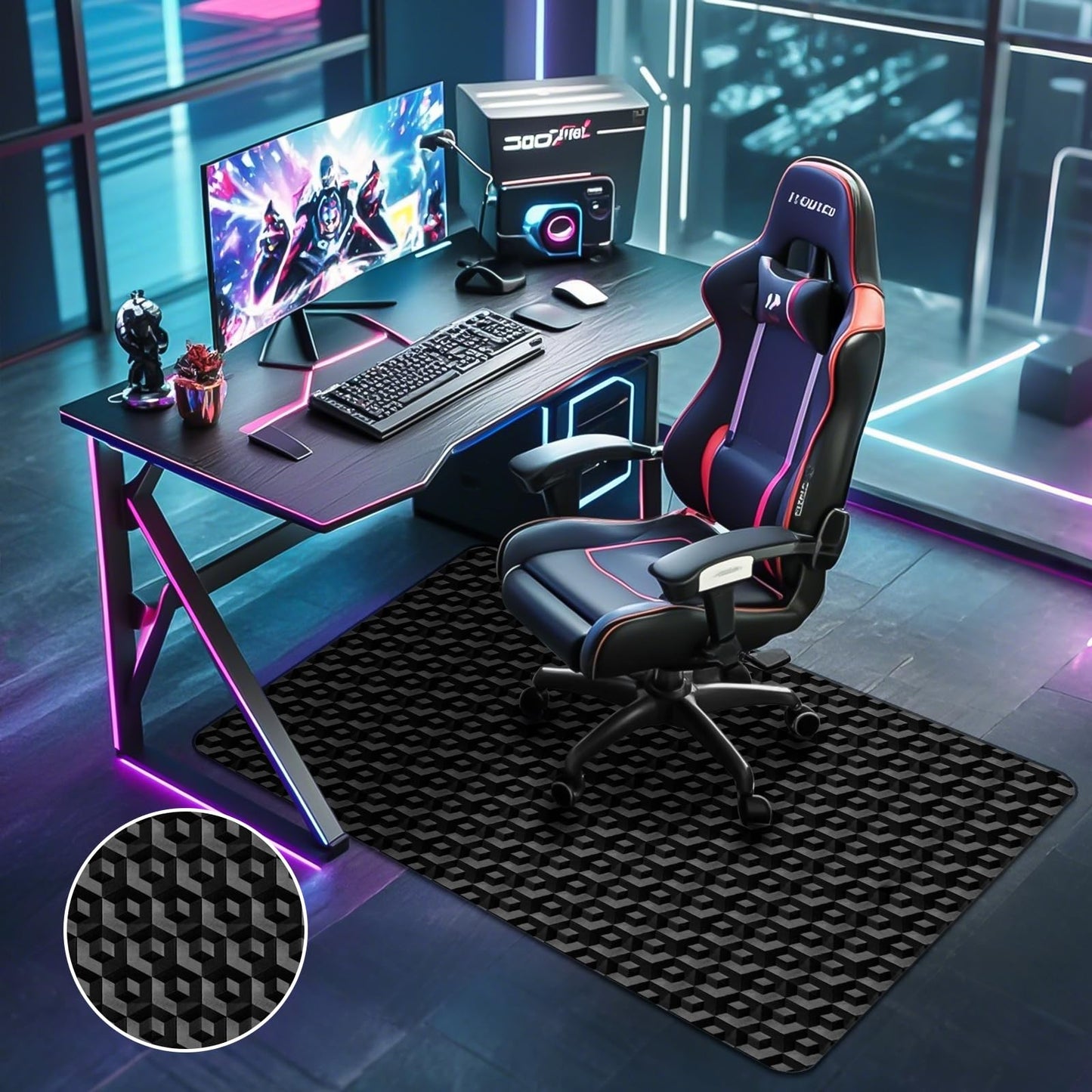 Office Chair Mat for Hardwood Floors, 48" x 36" Black 3D Pattern PVC Chair Mat, Heavy Duty Floor Protector for Rolling Chair, Easy Glide and Clean, Under Computer Desk Floor Mat for Home & Office Use