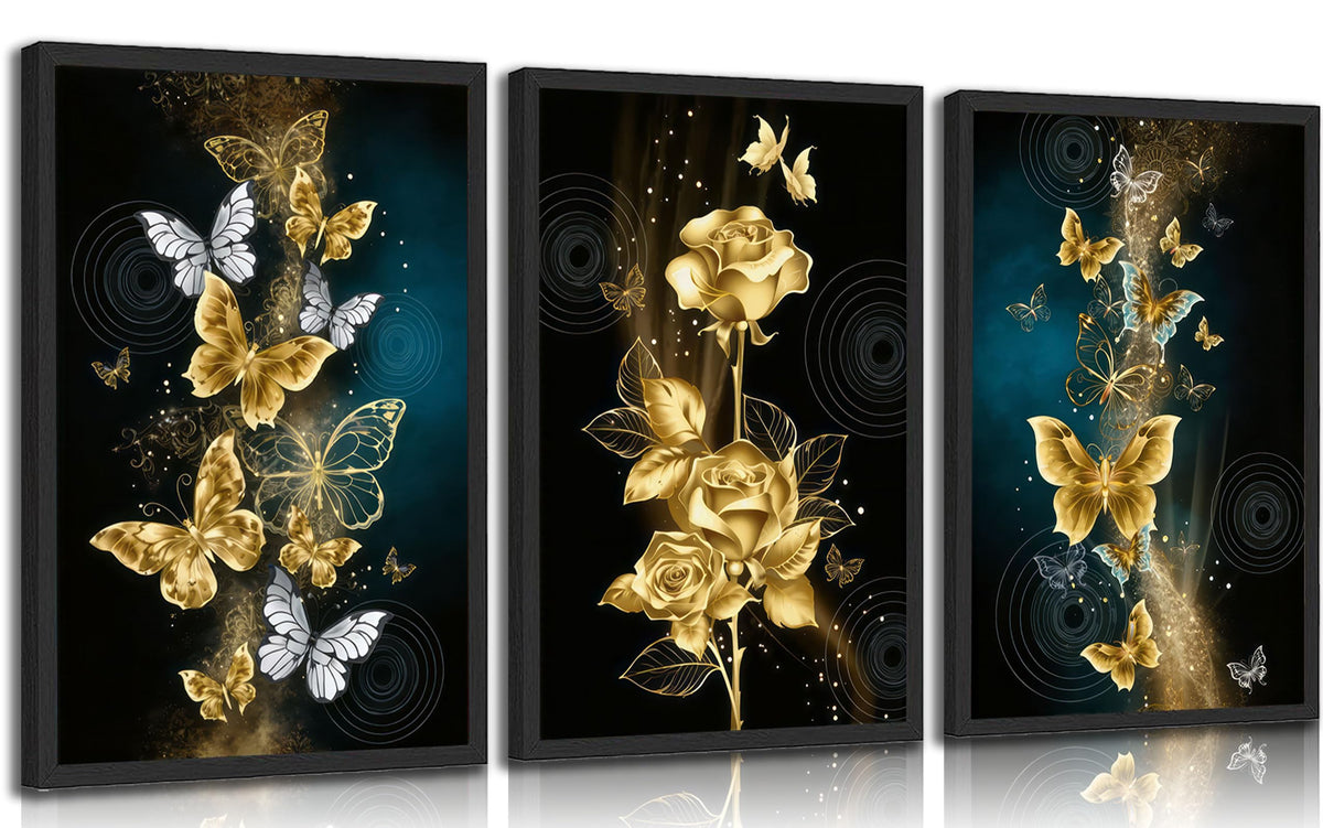 3Pcs Abstract Gold Butterfly Canvas Wall Art Gold Butterfly and Rose Posters Prints Painting Modern luxury Flowers Wall Decor pictures for Living Room Bedroom Home Decoration Unframed