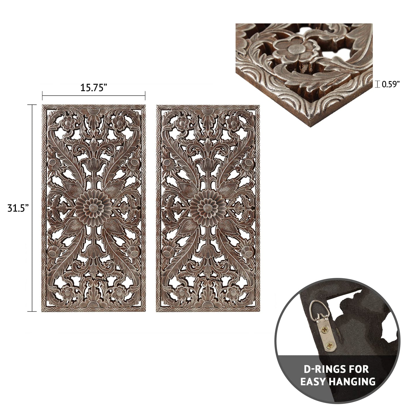 Madison Park Wall Art Living Room Décor - Floral Antiqued Wooden Carving Wall Decor Panel, Silver Embellished, Ready to Hang Wall Decor for Bedroom, 15.75"W x 31.5"L x 0.59"D, Bronze, 2 Piece