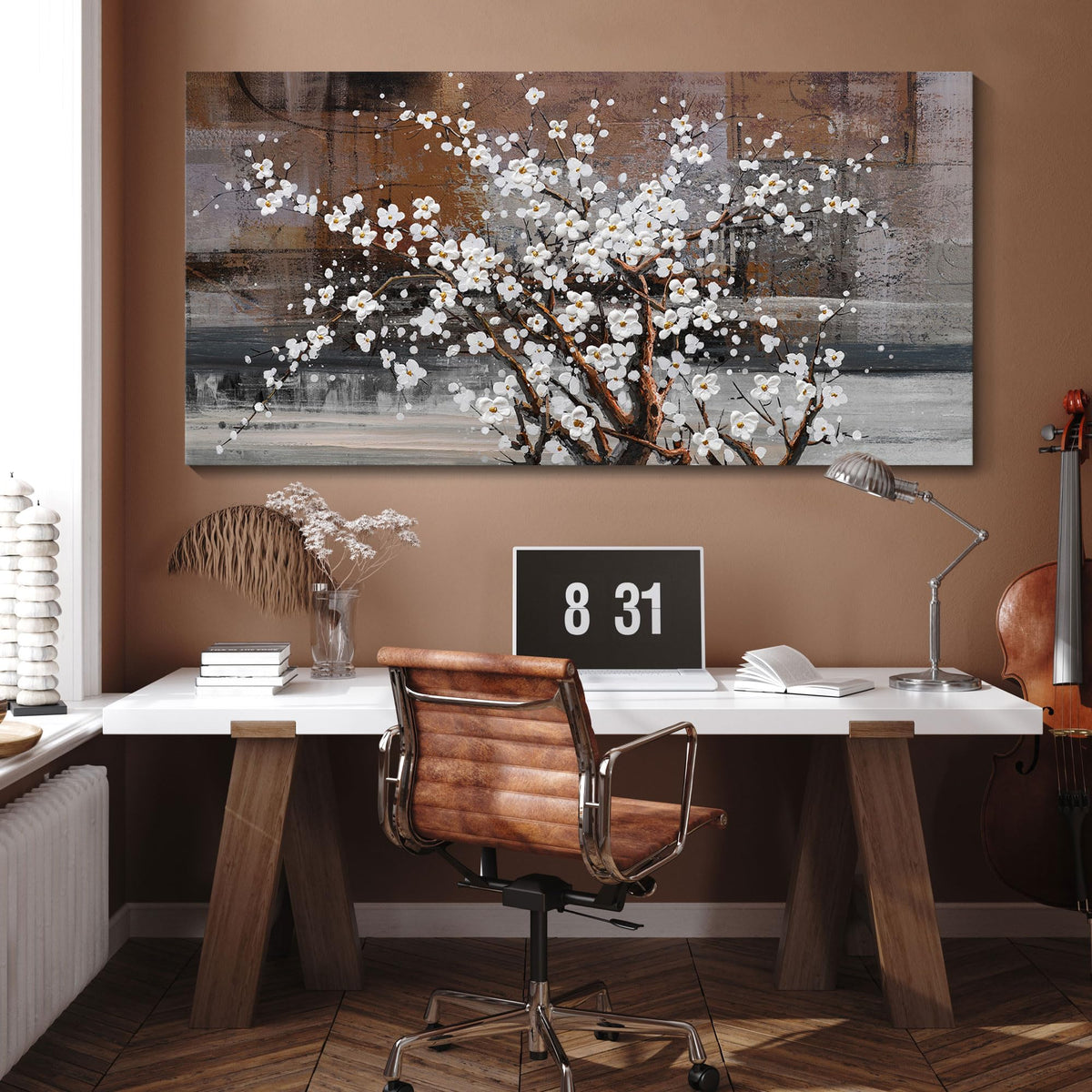 KLAKLA Large Canvas Wall Art for Living Room Brown Picture Wall Decor Modern Paintings Plum Blossom Art Prints Bedroom Office Framed Artwork for Wall