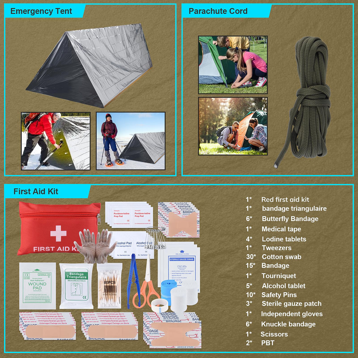 Survival Kit, Gifts for Christmas Men, Women, 251pcs Emergency Survival Gear and Supplies Equipment, First Aid Kit with Crossbody Bag, Camping Essentials for Earthquake, Hiking, Outdoor Adventure
