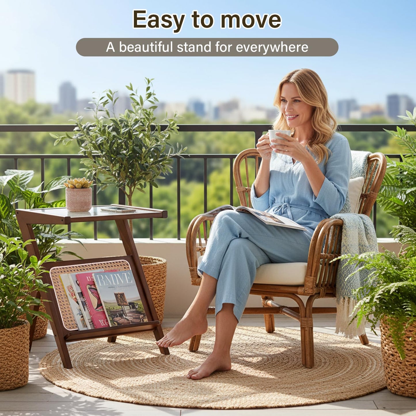 Tiita Rattan Nightstand Side Table, Bamboo Accent Bedside Tables, Glass Coffee Tables, Boho Wooden End Table with Storage for Small Space, Living Room and Bedroom