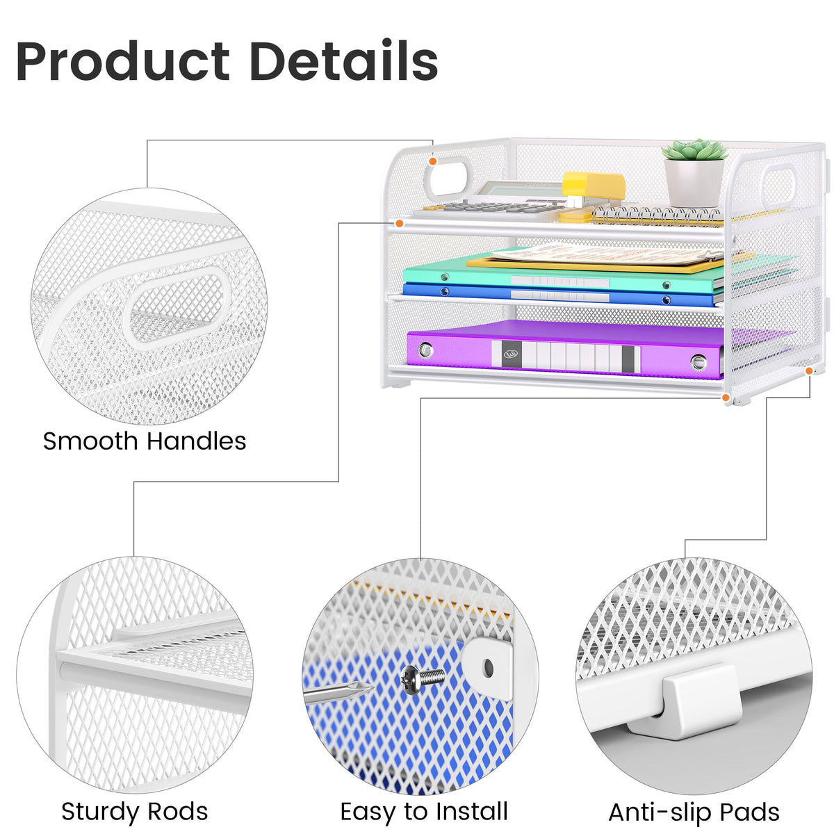 Cawukege 3 Tier Paper Organizer with Handle, Metal Desk Organizer Mesh Paper Letter Tray Desktop File Folder Document Sorter for Classroom, School, Office Accessories Storage (1, White)