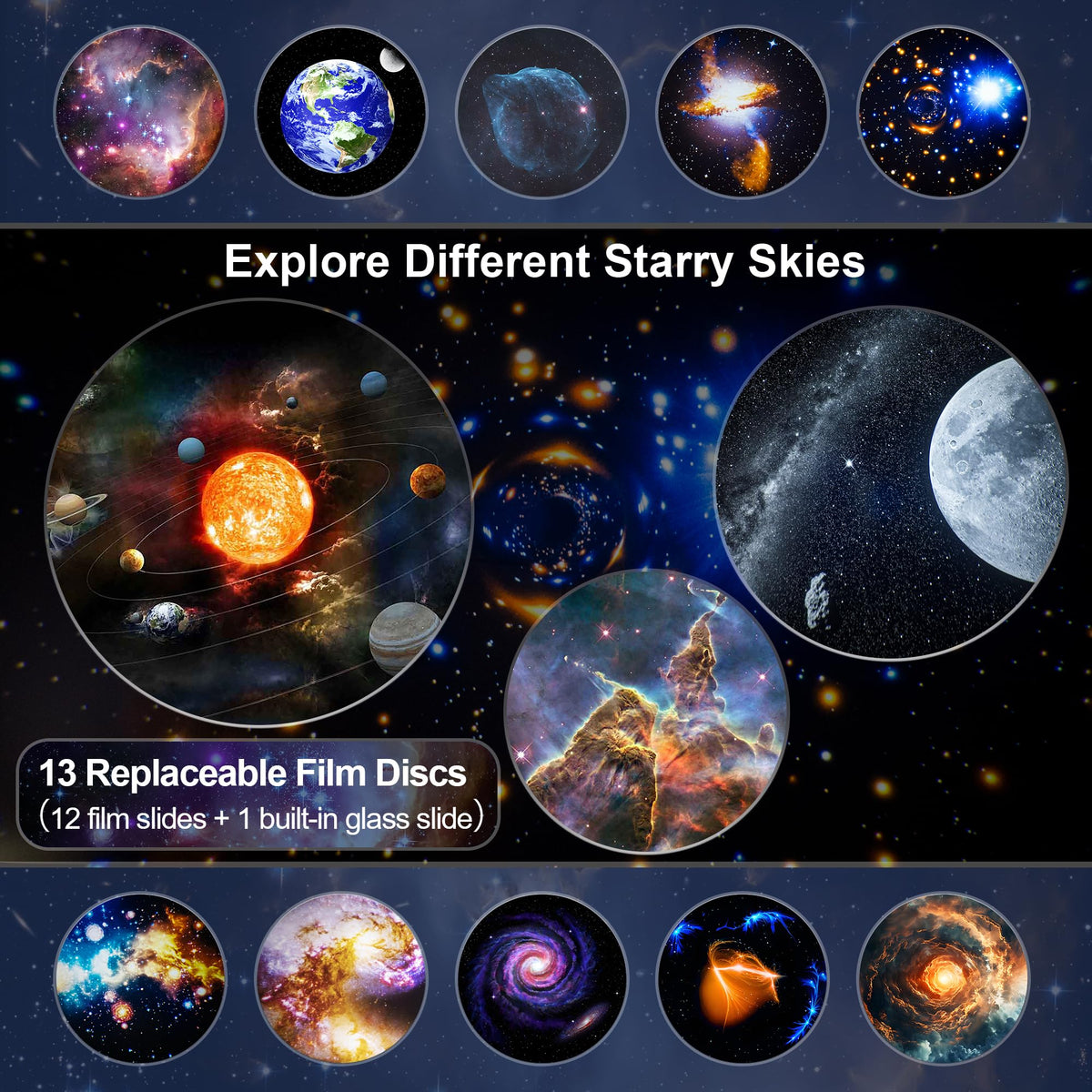 Galaxy Projector Pro for Bedroom, 13 in 1 Planetarium Star Projector with Solar System & Constellation, Night Light for Ceiling - 360° Rotating with Timer, Adjustable Knob, Kids Adults Room Decor