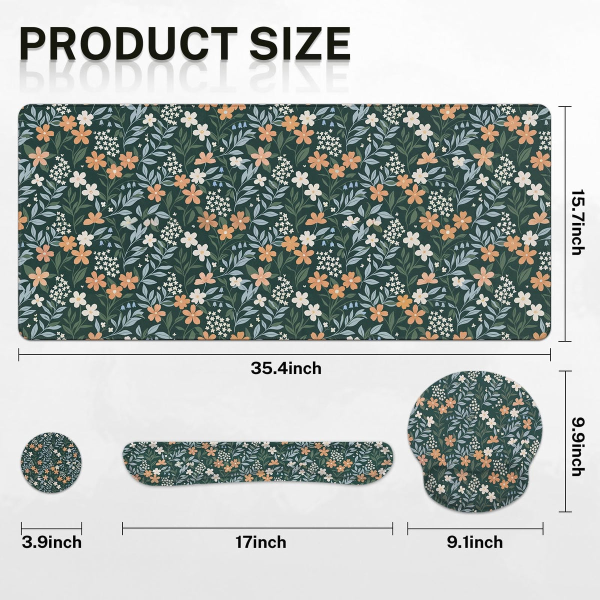 Britimes Green Florals Keyboard Mouse Pad Set Vintage Flower 4in1 Large Mousepad+Keyboard Wrist Rest+Mouse Wrist Rest+Coaster Ergonomic Design for Home Office Computer 35.4x15.7 inches