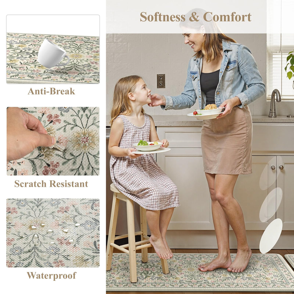 Collive Anti Fatigue Mat for Kitchen Floor, Spring Floral Kitchen Mats for Floor Set of 2, Beige Cushioned Waterproof Sink Rugs Non Slip Comfort Standing Rug for Office, Laundry, Desk