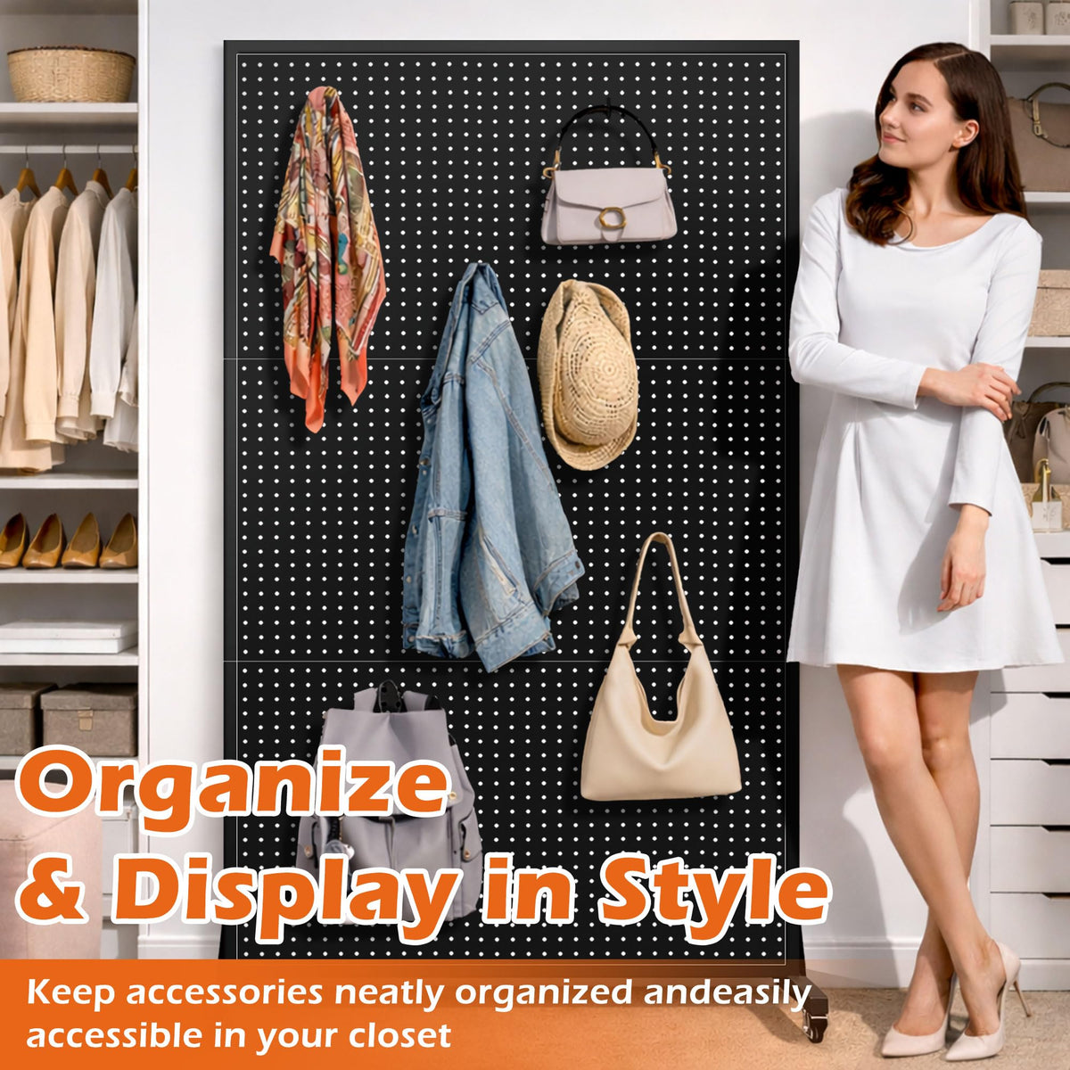 Royxen 3.5 x 6 Feet Metal Pegboard with 50 Hooks, Peg Board Display Stand with Wheels, Large Standing Pegboard Displaywith T-Base Art Display Stand for Retail Stores Exhibitions Homes (Black)