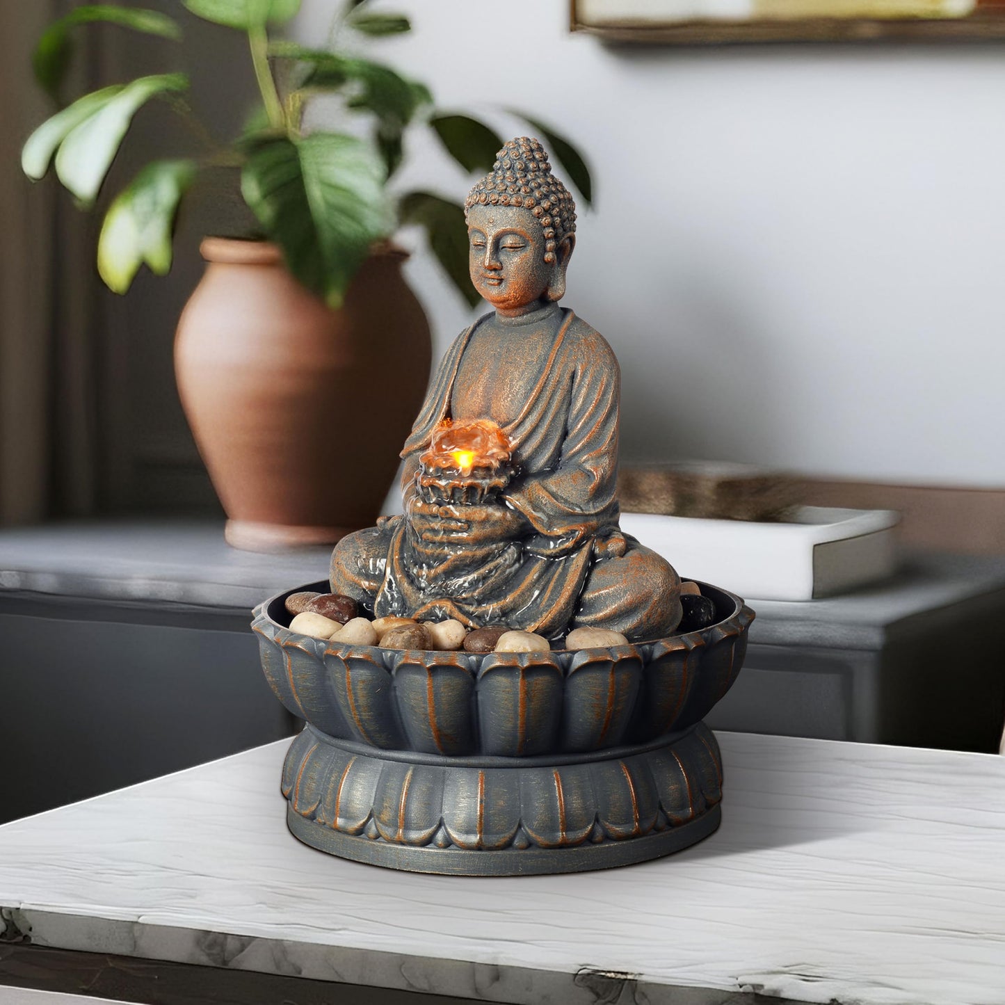 Kalona Home Décor 9.6" Tabletop Fountain Exquisite Smile Sitting Buddha Fountains Desk Water Fountain Decorative Zen Fountain w/Reflective Lighting/Cobblestone Office and Home Decor(21125A)
