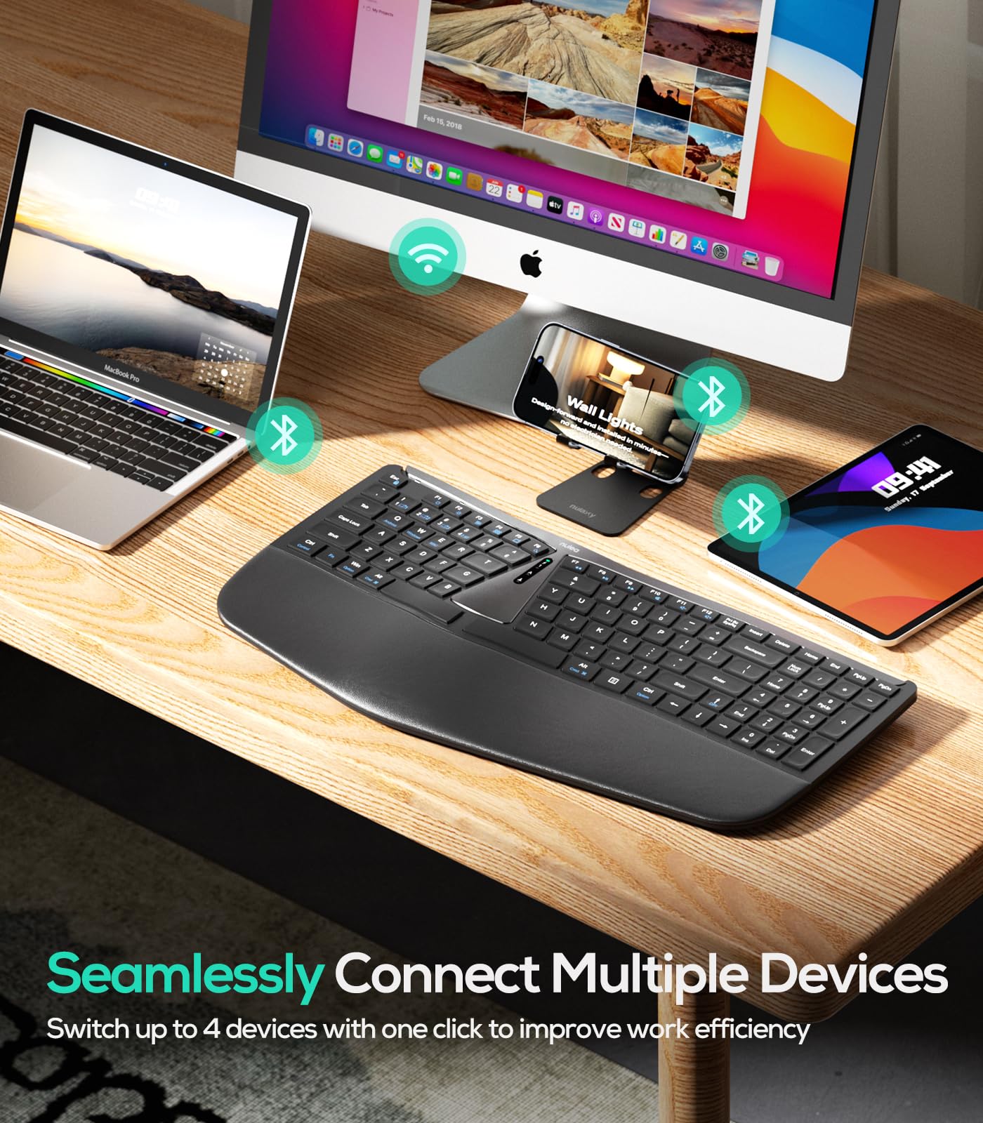 Nulea RT07B Wireless Ergonomic Split Keyboard, Wrist Rest, Natural Typing, Bluetooth and USB Connectivity, USB-C Rechargeable,Compatible with Windows Mac (Silver Black)