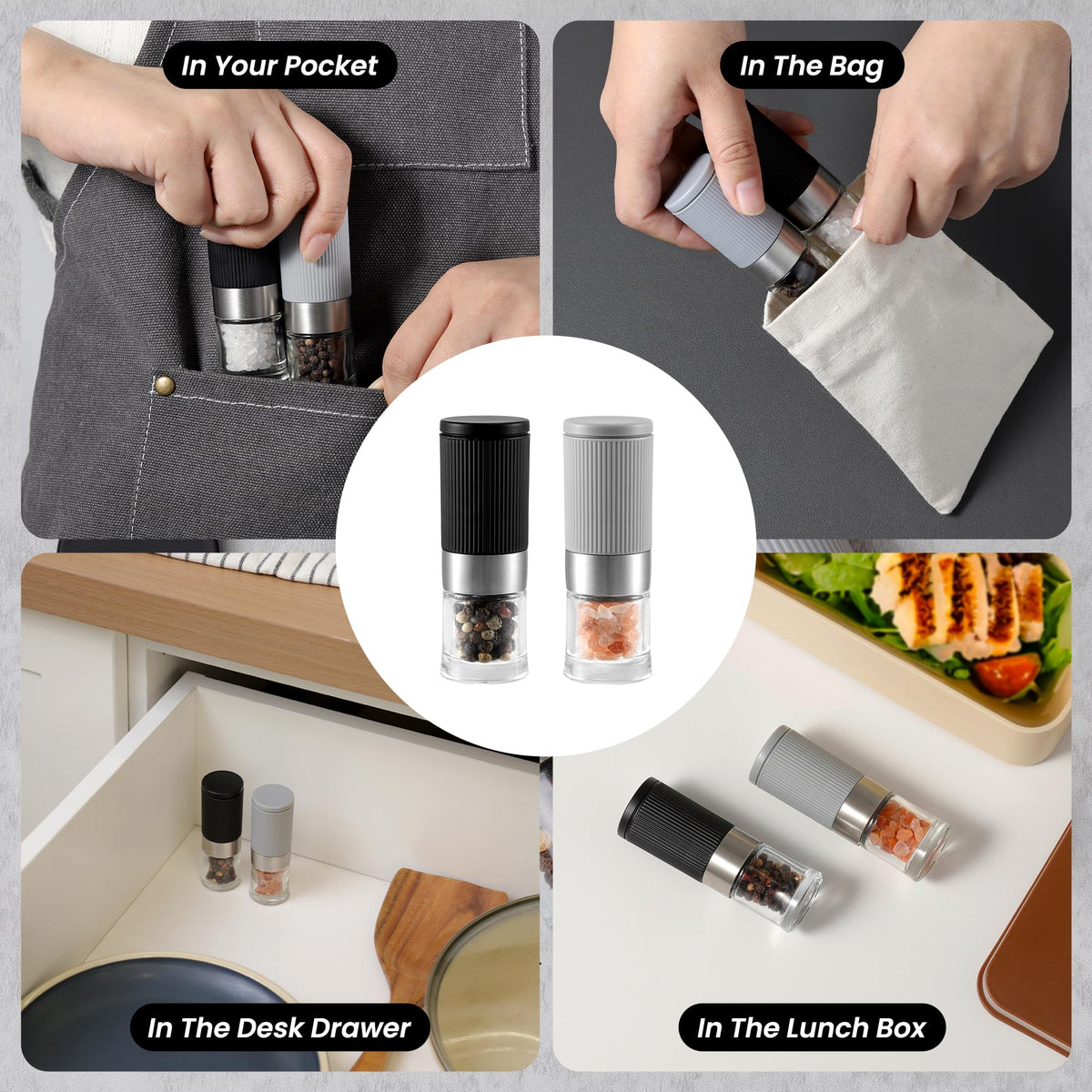 Mini Salt and Pepper Grinder Set, Small Tiny Adjustable Coarseness Ceramic Salt Grinder with Funnel and Bag Portable Handy Spice Pepper Mill Shaker For Outdoor Party Lunch Bag Kitchen