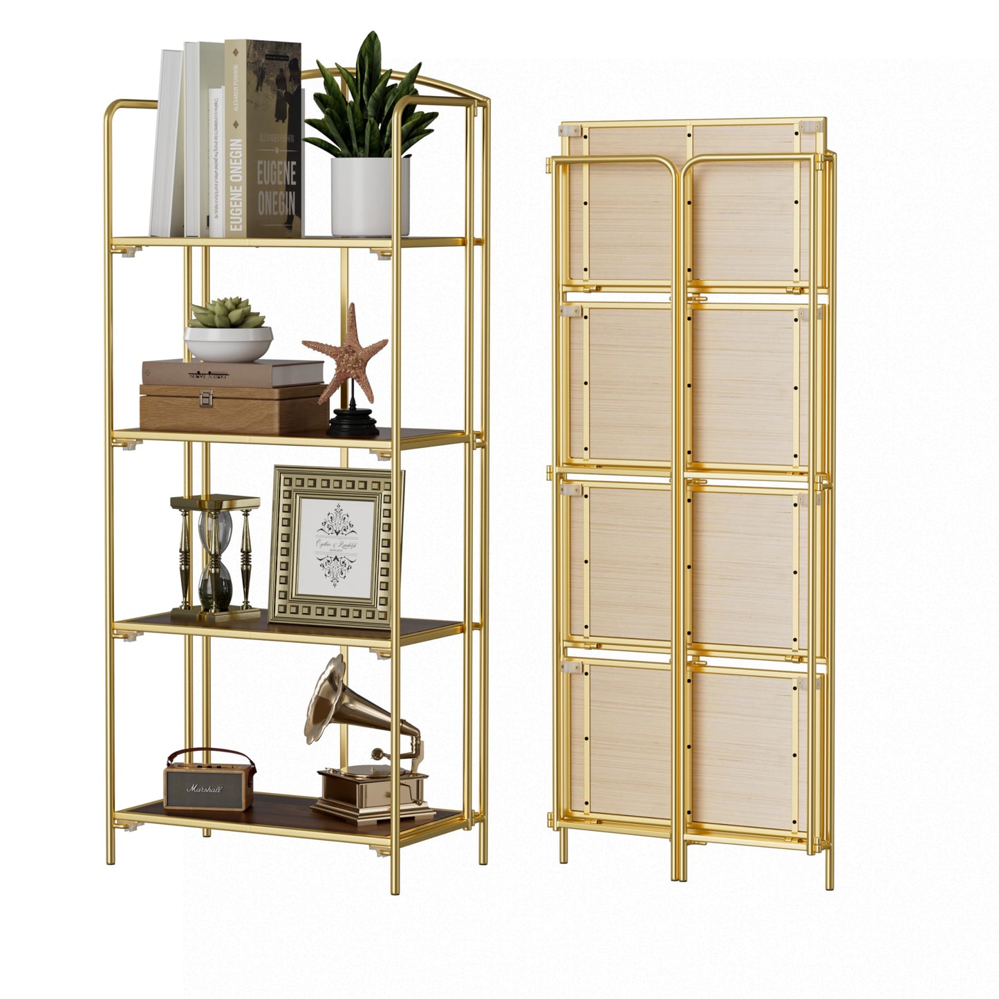 Crofy No Assembly Folding Bookshelf for Living Room, 4 Tier Gold Collapsible Book Shelf for Home Office, Portable Bookcase Storage Organizer