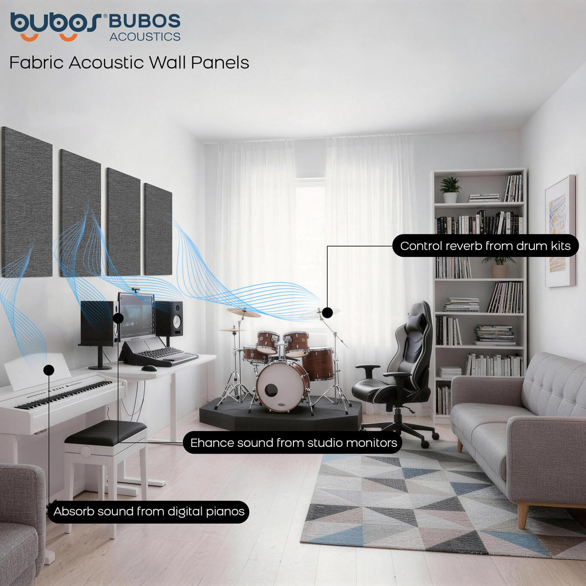 BUBOS 4 PCS Fabric Acoustic Panels, 23.6''x11.8''x1'' Self-Adhesive Soundproofing Panels for Home Studio, Office & Living Room, Sleek Design to Eliminate Echo,Fabric-Clad Grey