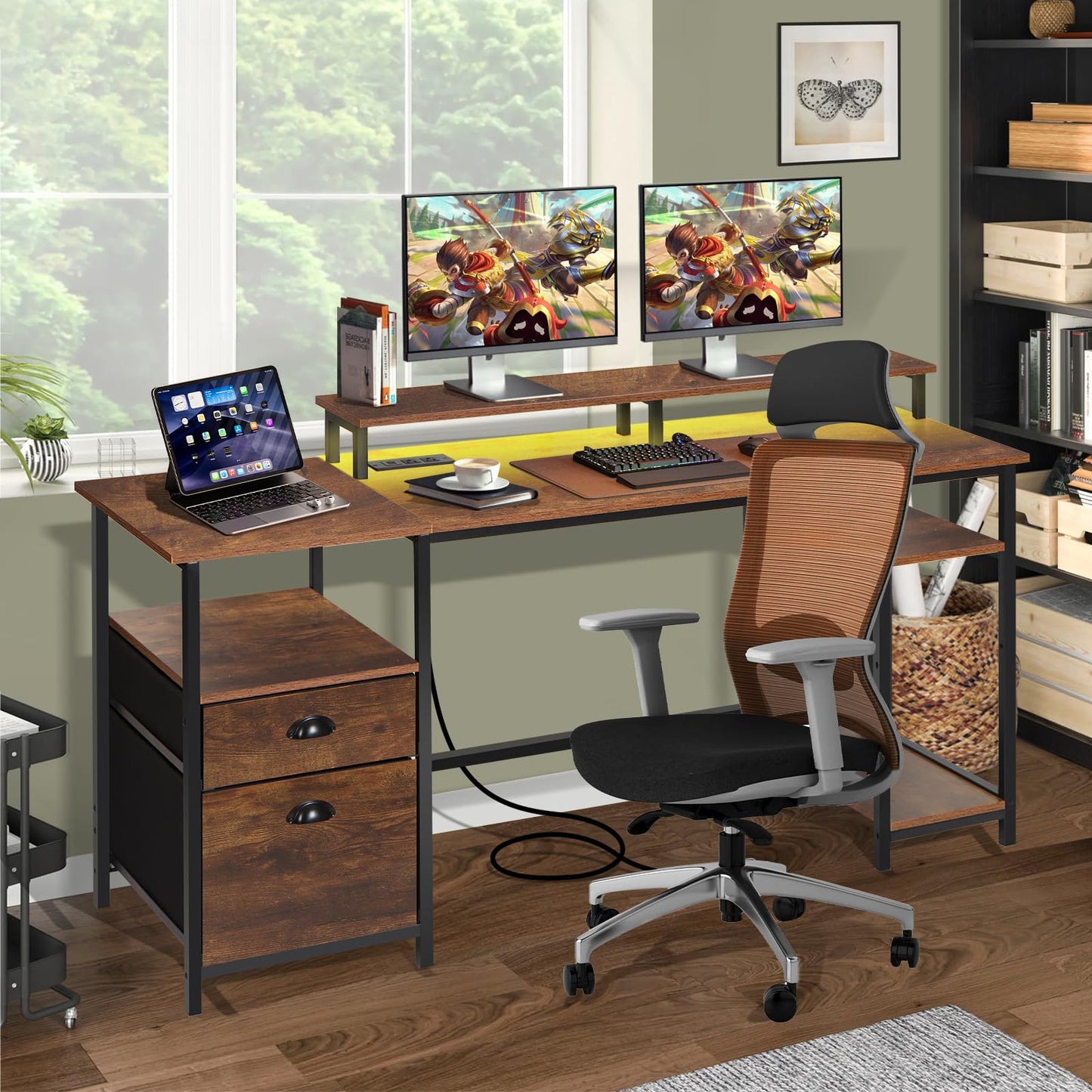 Panana 61.4" Computer Desk with Power Outlet and LED Lights, Desk with 2 Fabric File Cabinet Drawer, Large Reversible Gaming Desk with Shelves and Monitor Stand, Writing Study Desk for Home Office