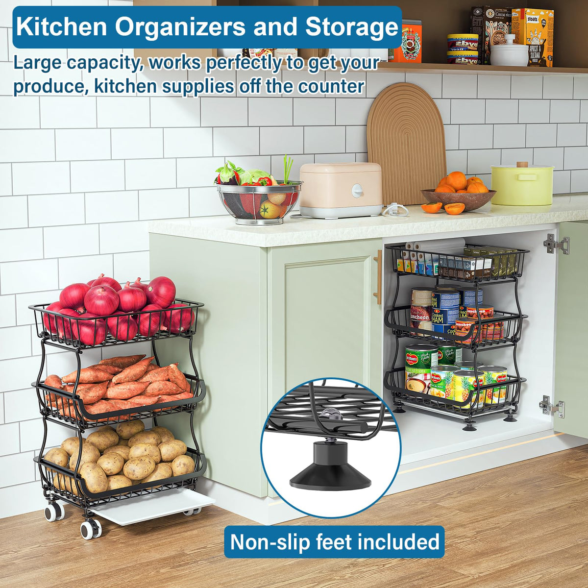 OKZEST 3-Tier Rolling Pantry Floor Organizer and Storage Cart with Wheels, Stackable Wire Pantry Baskets for Pantry Shelves, Kitchen Fruit Basket Stand and Storage Rack for Fruit Snack Onion Potato