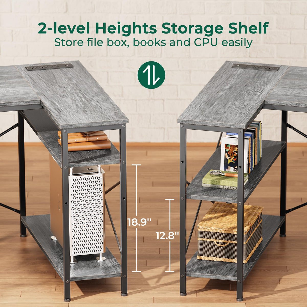 Huuger L Shaped Office Desk with Power Outlets, 55 Inch Computer Desk with 3 Drawers, Shelves, Reverisble for Gaming Corner Work Home Office Study, Grey