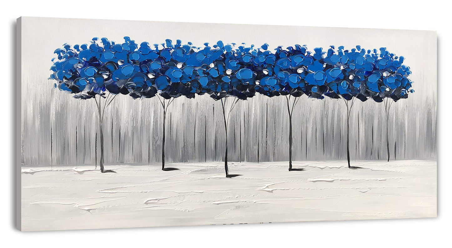 Yihui Arts Hand Painted Blue Tree Landscape Oil Painting on Canvas, Modern Abstract Wall Art for Living Room, Bedroom, Office Decor