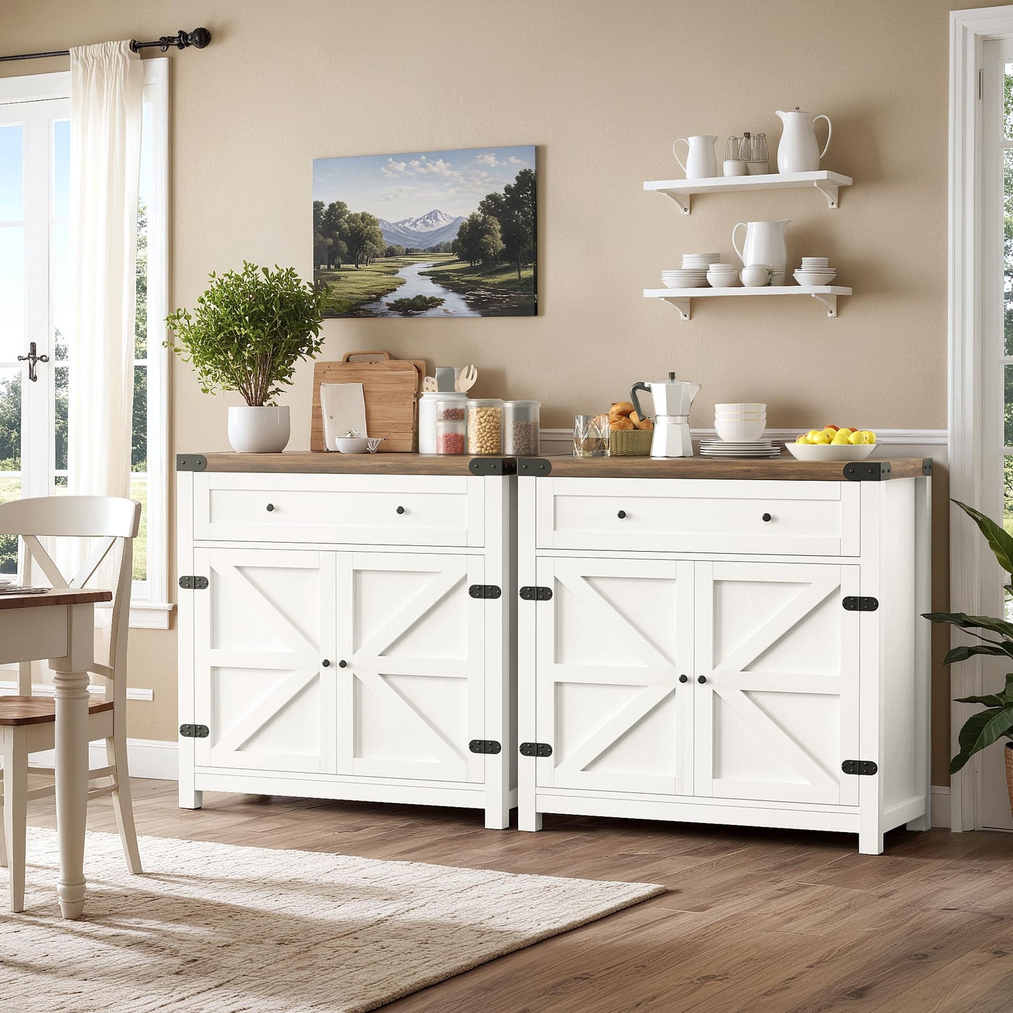 YESHOMY Coffee Bar and Accent Cabinet, Farmhouse Barn Door Buffet Sideboard with Drawer and Adjustable Shelf, Wide Desktop for Kitchen, Dining Room, Bathroom, Entryway, Rustic Brown & White