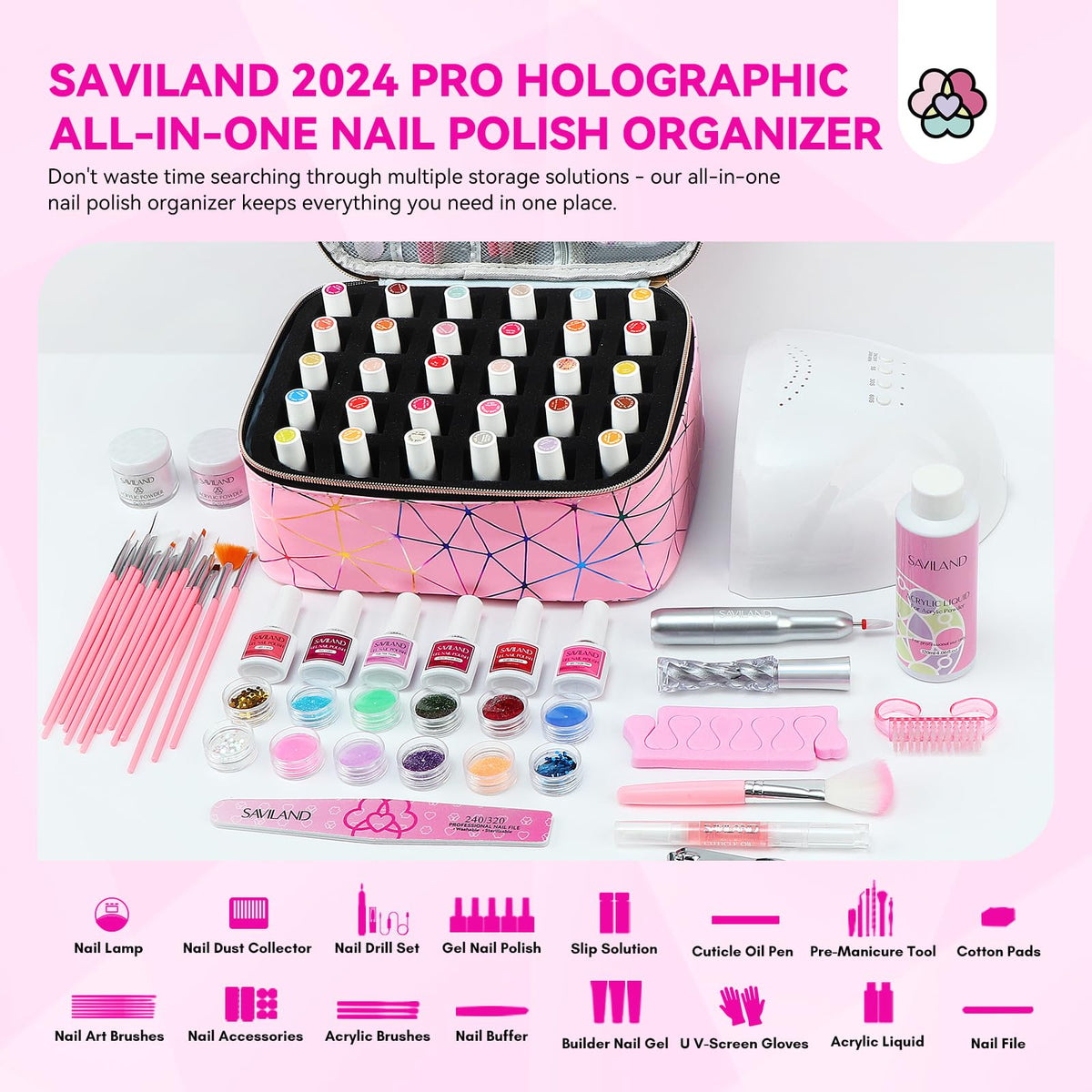 SAVILAND Nail Polish Organizer Bag: PU Leather Nail Polish Storage Organizer Holds 30 Bottles & Nail Lamp, Nail Polish Holder Travel Carrying Case Box Nail Tech Organizer Storage Bag for Nail Supplies
