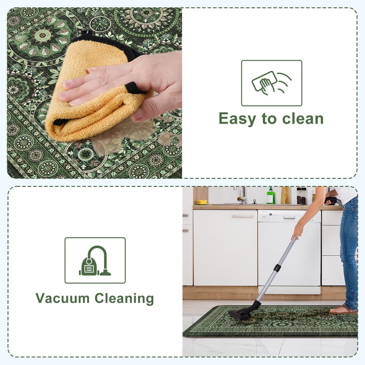 KIMODE Anti Fatigue Kitchen Mats for Floor 2 Piece Cushioned Boho Kitchen Rugs Memory Foam Kitchen Floor Mats Standing Desk Mats for Laundry Office Sink Green 17"x47"+17"x29"