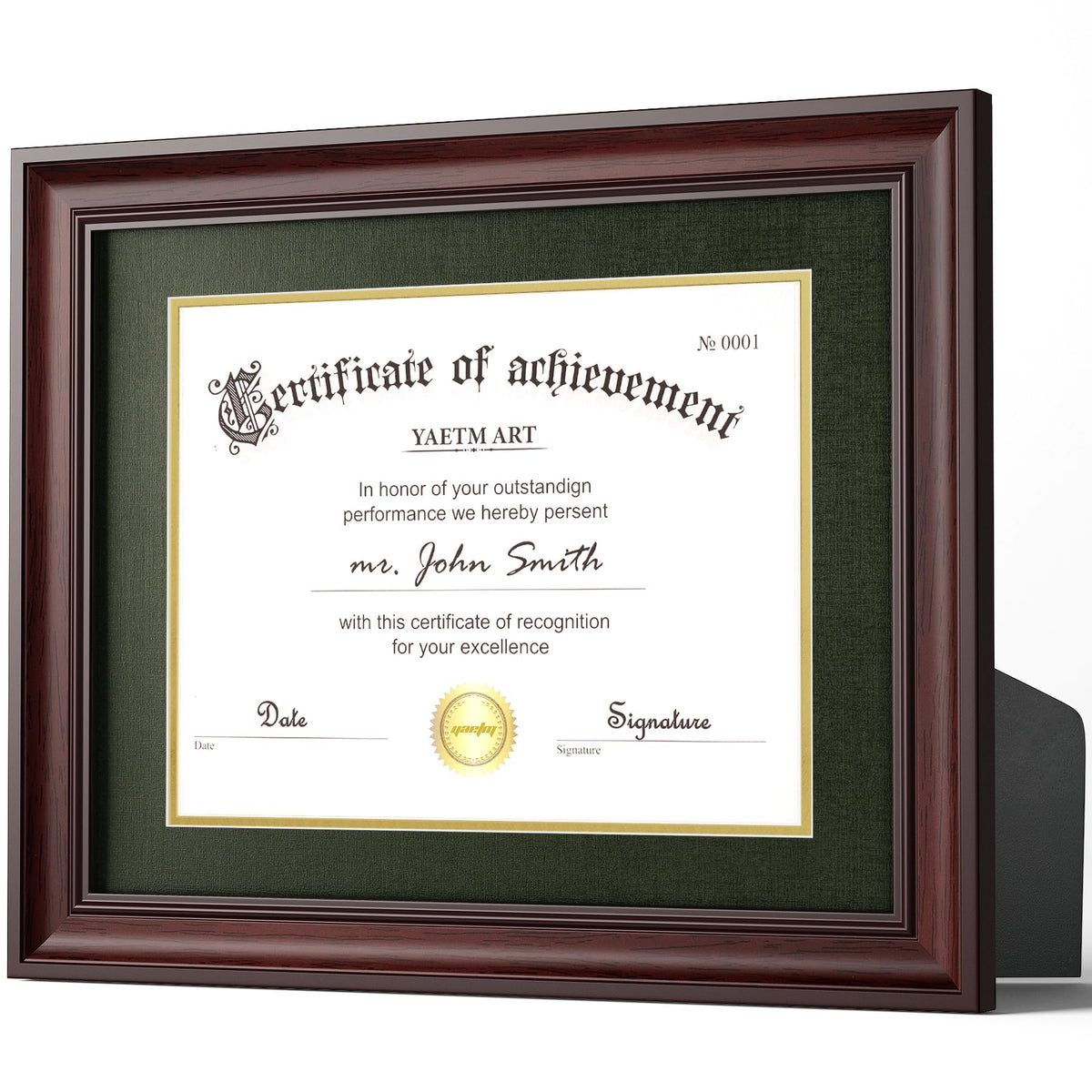 Yaetm 11x14 Diploma Frame, Certificate Frame with Tempered Glass, Display 8.5x11 Document with Dark Green Over Gold Acid-free Mat or 11 x 14 without Mat, Wide Molding (Single, Mahogany/Green)