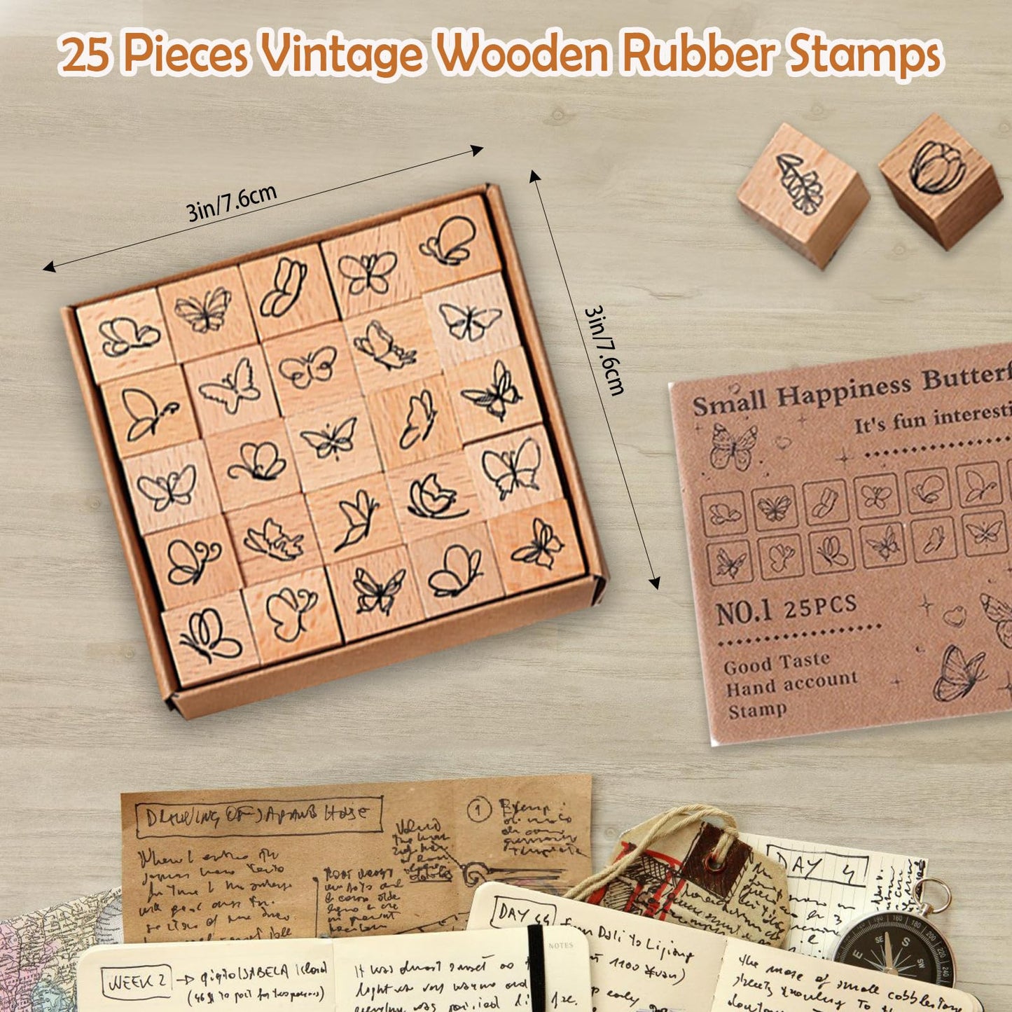 25 Pieces Wooden Rubber Stamp Set, Plant Decorative Wooden Stamp DIY Craft, Cute Butterfly & Botanical Designs for Journals, Scrapbooks, Planners, and DIY Crafts (Butterfly)