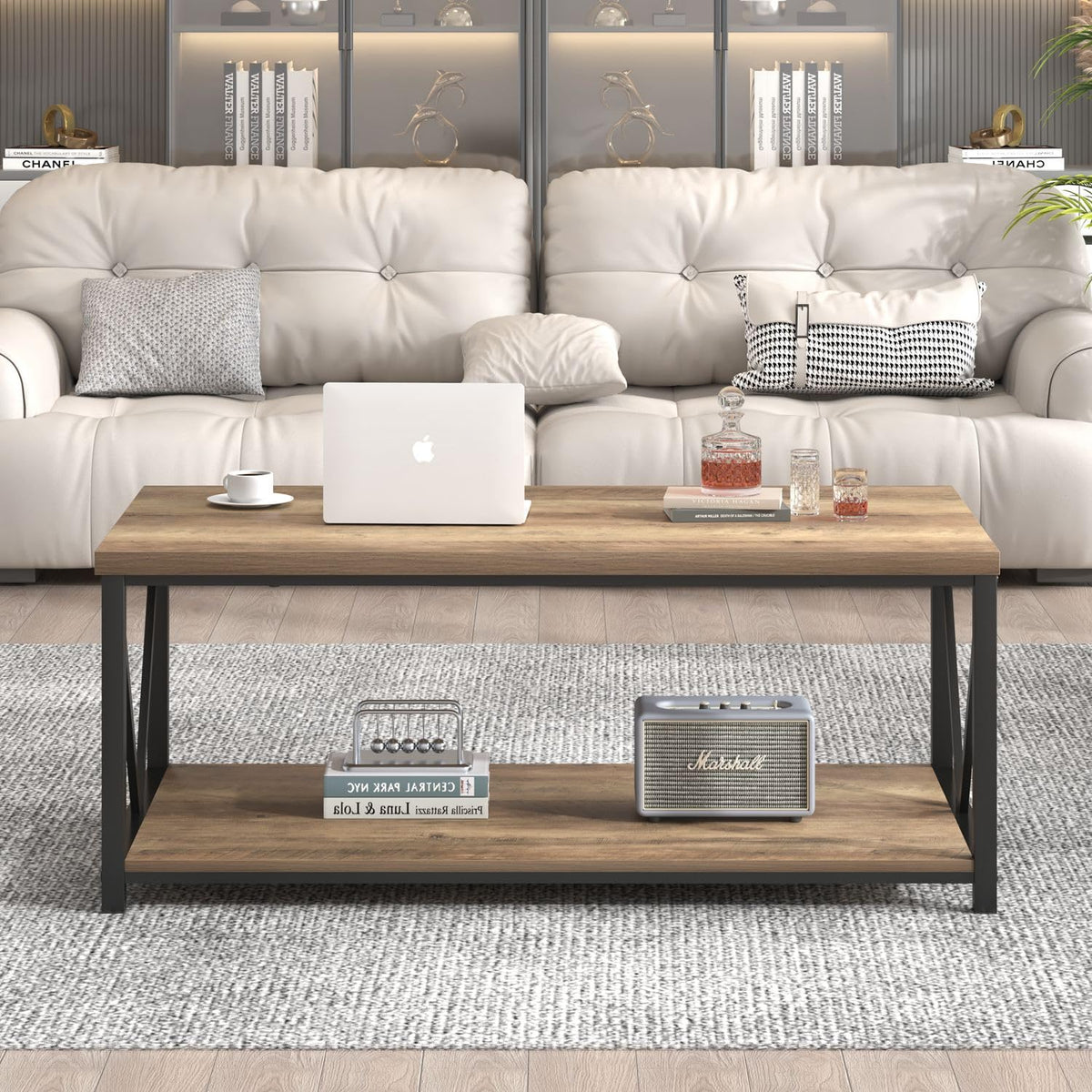 FOLUBAN Coffee Table with Storage Shelf, Modern Industrial Metal and Wood Living Room Table, Small Rectangle Cocktail Tea Table for Bedroom Home Office, Rustic Oak, 39.3 Inch