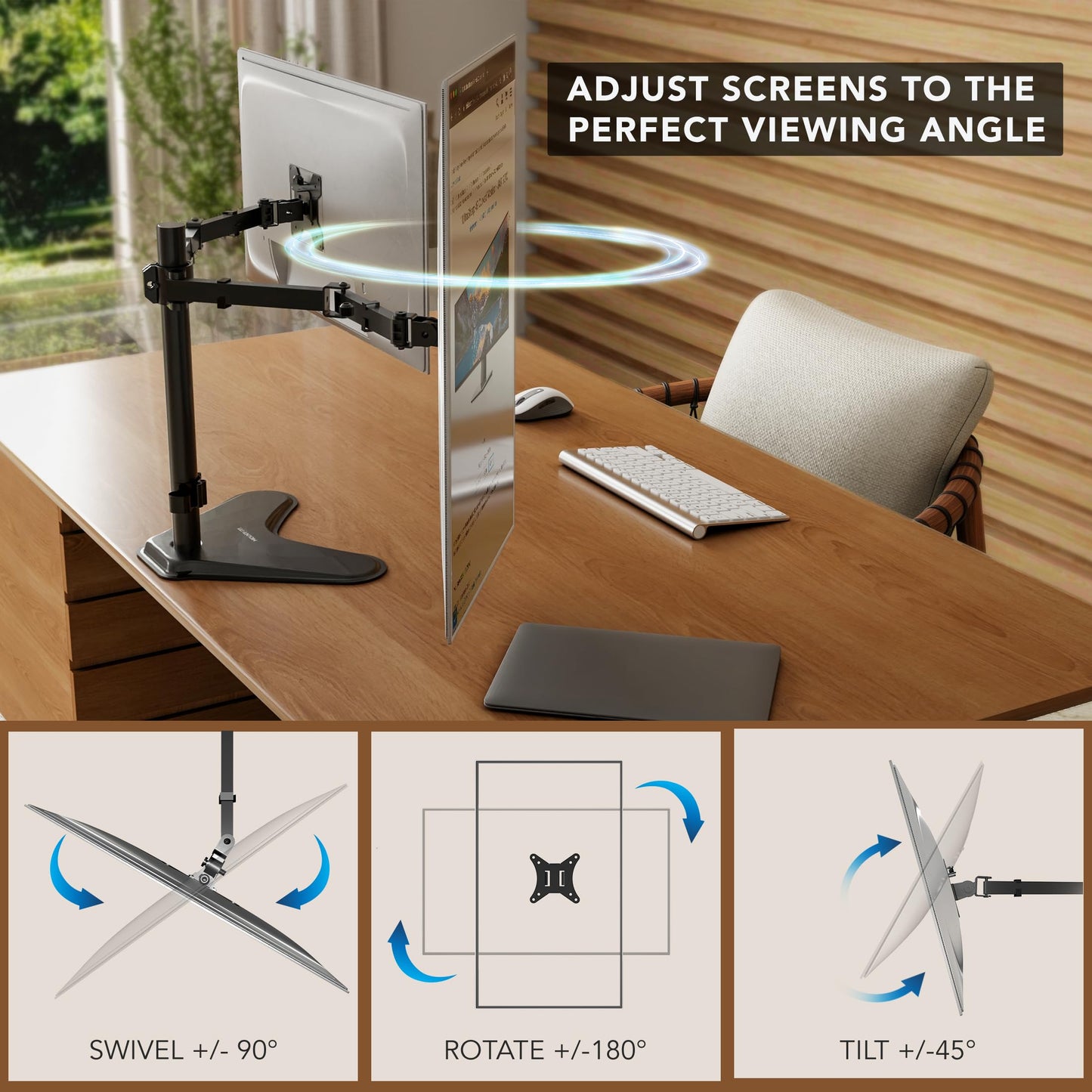 Mount-It! Dual Monitor Stand, Premium Adjustable Desk Mount for Two 13–32 Inch Screens up to 17 lbs Each, Full Motion Swivel Tilt Rotate Height Adjustable Arms, VESA 75x75 100x100, Steel Base