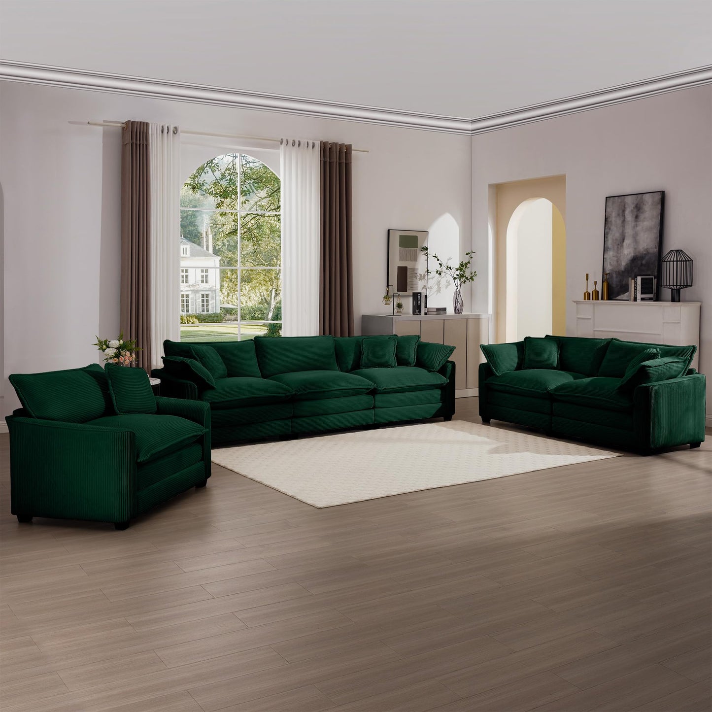 KEIKI 3-Piece Sofa Set with 1 Oversized Corduroy 3-Seater Sofa & 1 Loveseat & 1 Single Sofa, Upholstered 6-Seater Couch Set with 10 Pillow, High-Density Foam Cushions, for Living Room, Green