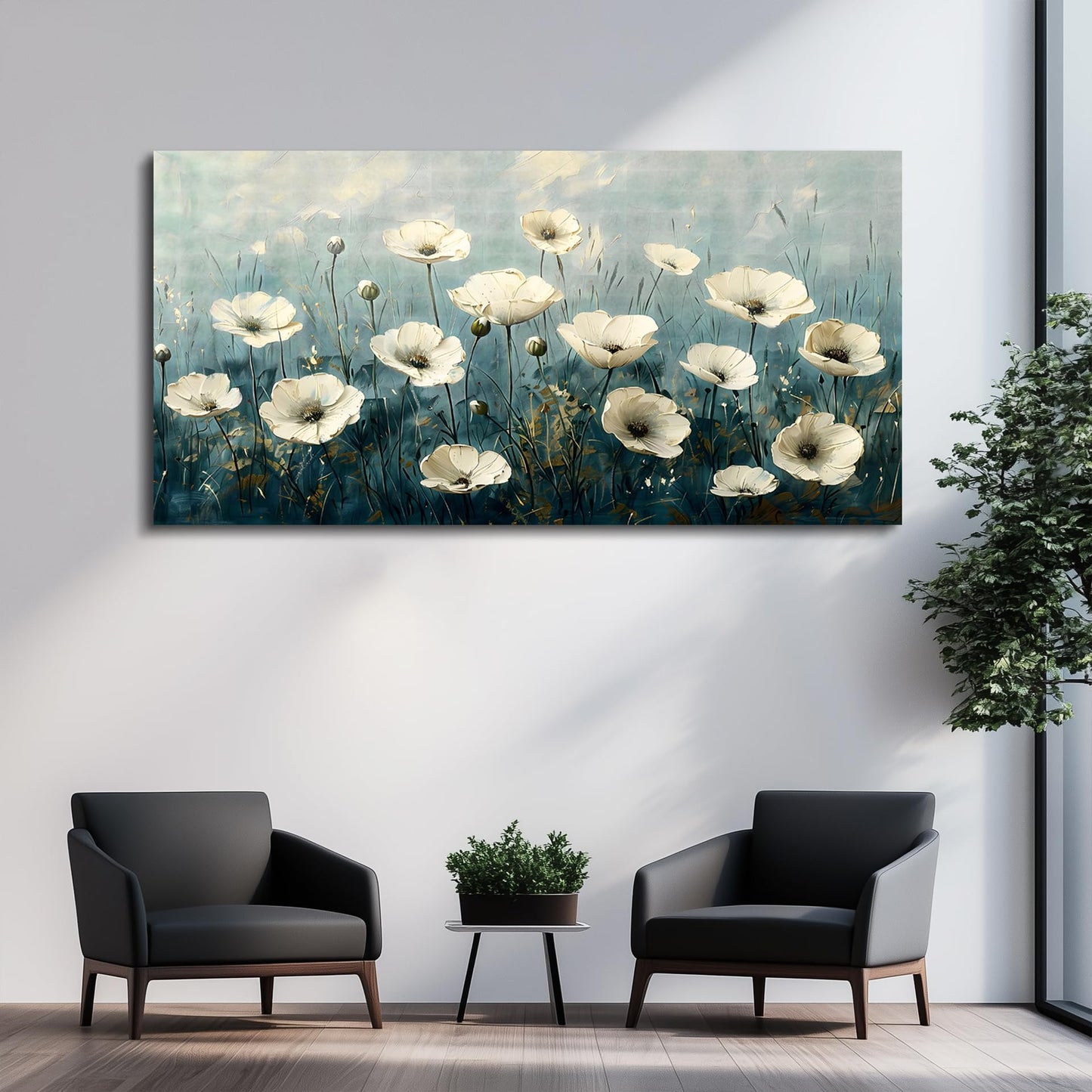 FUHAIHUA Canvas Wall Decor For Bedroom Wall Art For Living Room Office Decorations White Flowers Landscape Painting Modern Wall Pictures Artwork Farmhouse Posters Ready To Hang Home Decor 20x40 In