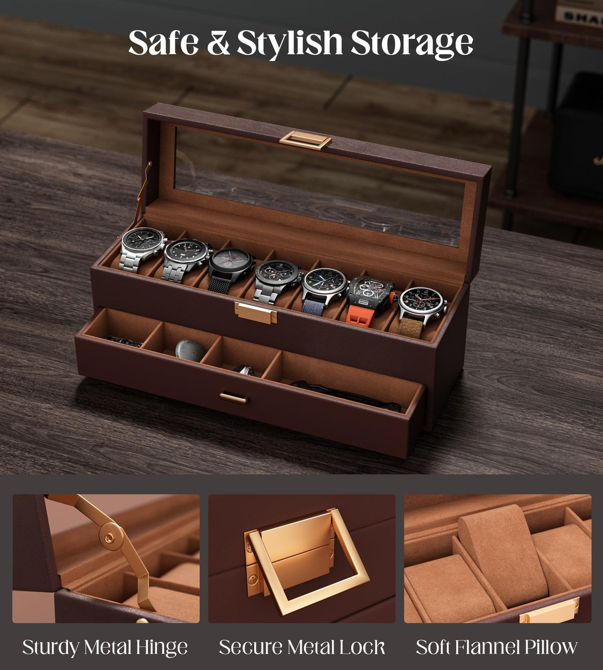 sensok Watch Case Box for Men - 7 SLots Watches Storage Organizer Real-Glass Display Case with Jewelry Drawer 2-Layer PU Leather Collection Holder Gift for Loved Ones Brown