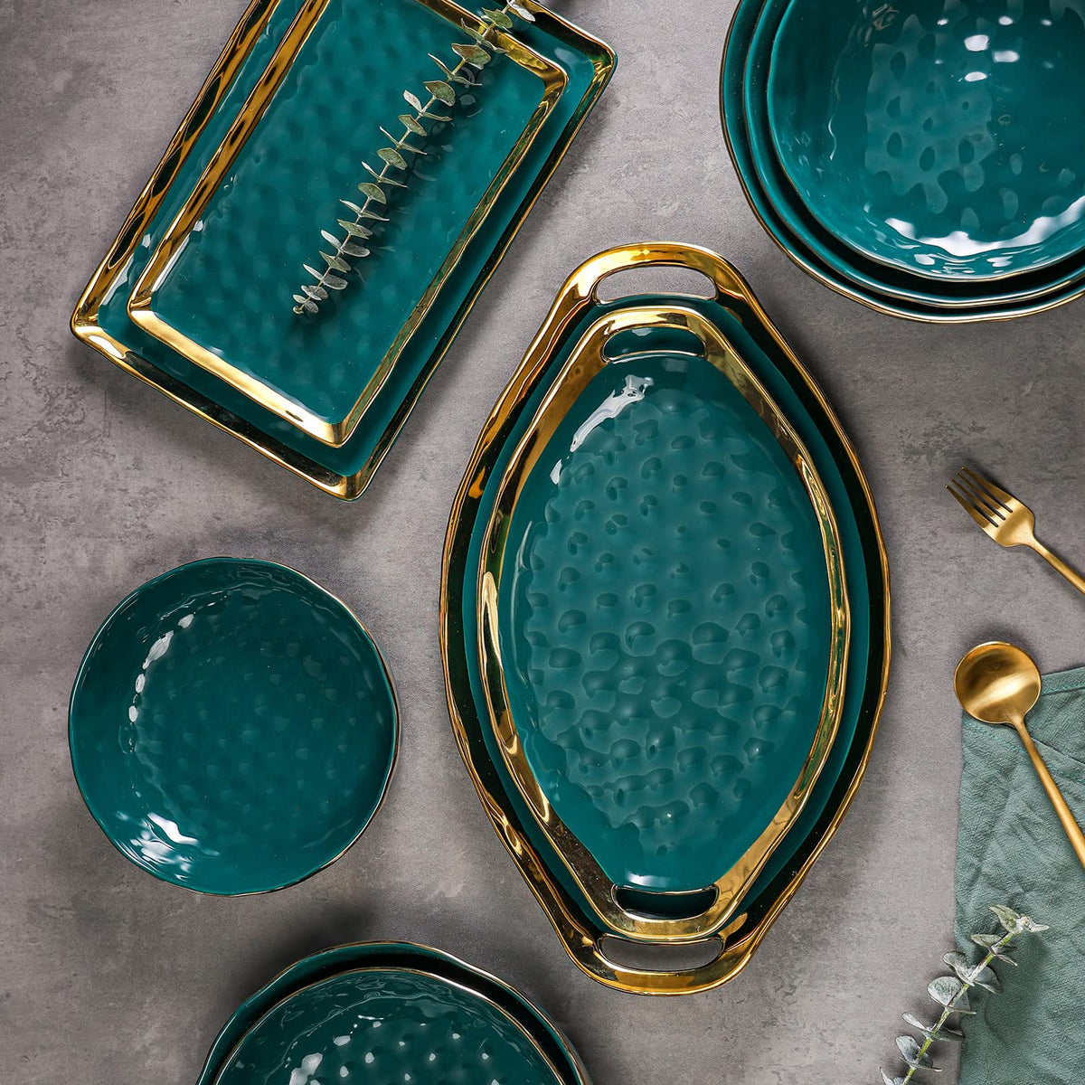 Stone Lain Florian Porcelain Large and Medium Oval Platters with Handle, Service Set, Green with Gold Rim