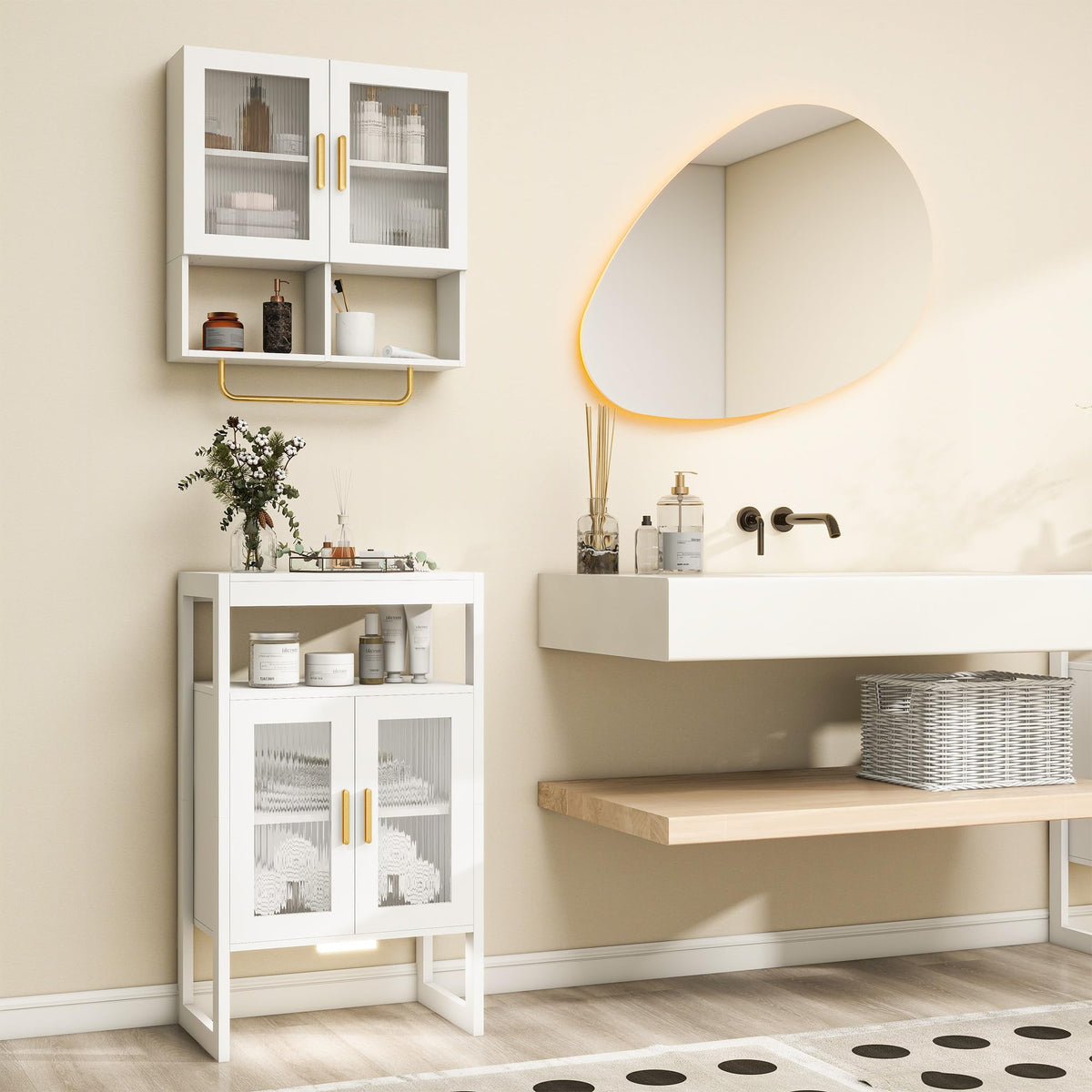 Edospaen Bathroom Floor Storage Cabinet Freestanding Organizer with Sensor Light & Acrylic Doors for Bathroom, Home Office, Bedside, Sofa Side Table