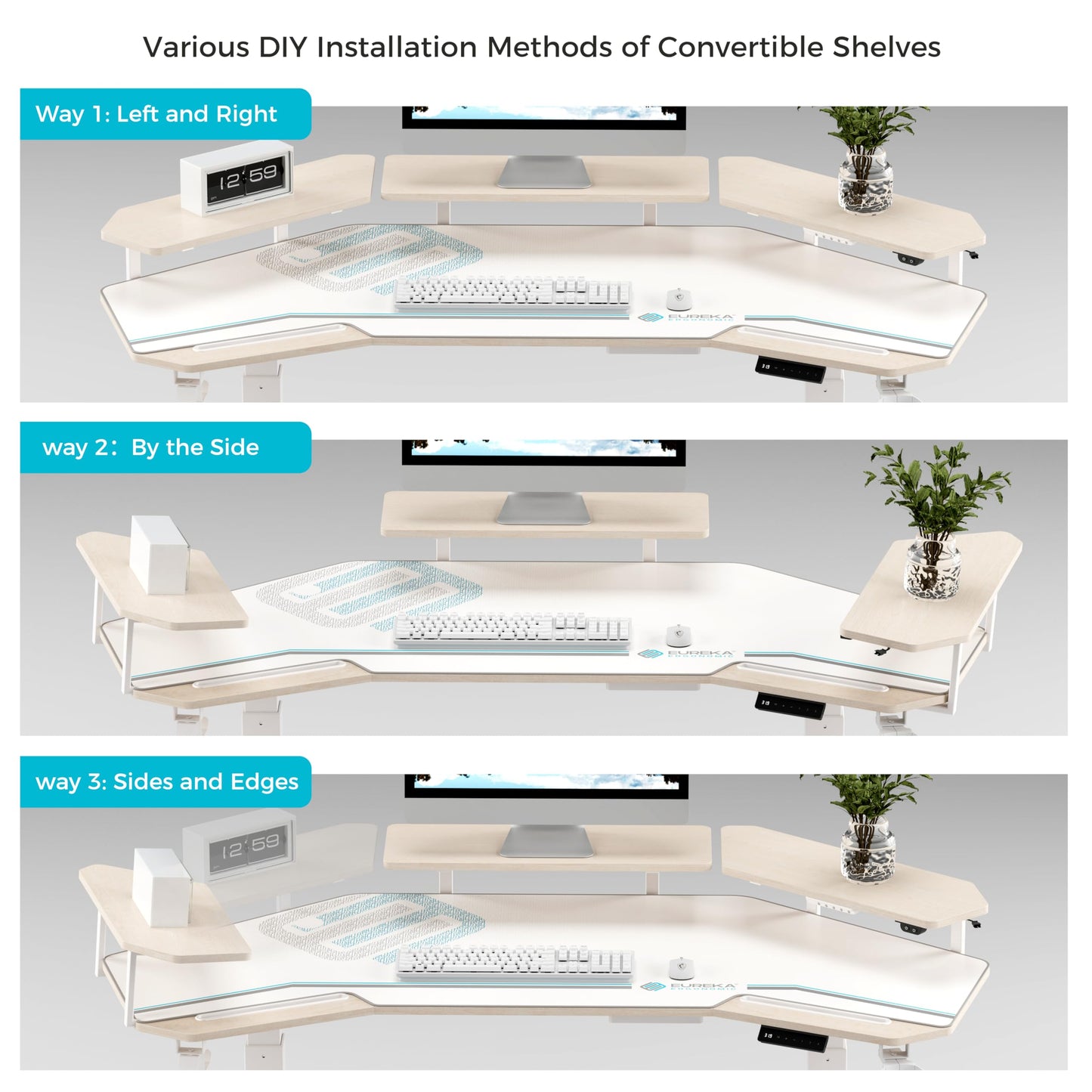 EUREKA ERGONOMIC Standing Desk,63" Electric Adjustable Height Computer Desk,Wing Shaped Music Studio Desk, LED Monitor Stands, Dual Motor&Slot, Maple