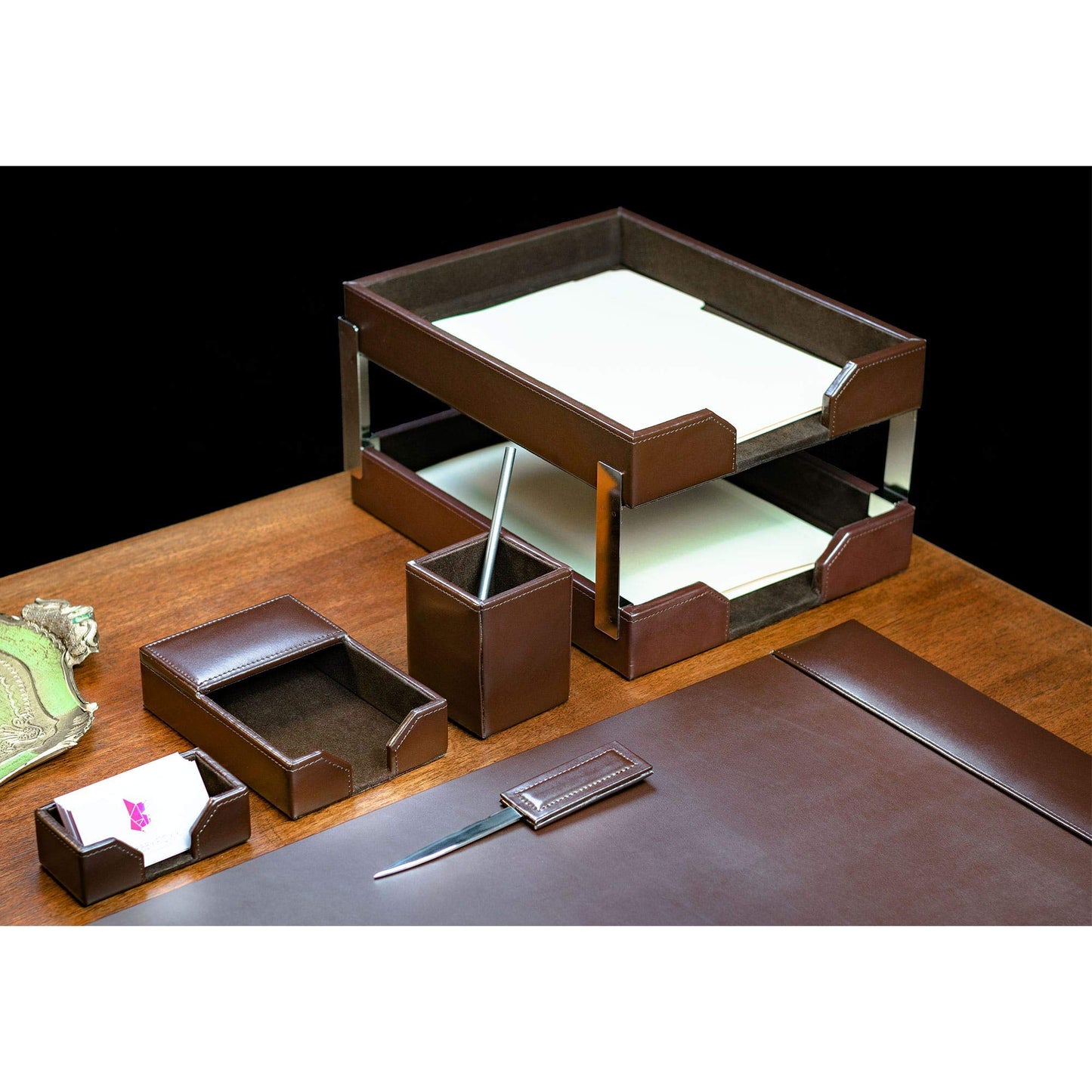 DACASSO Bonded Leather Desk Set - Luxury Leather Desk Pad & Desk Organization Essentials - Office Organization & Executive Desk Decor - (Dark Brown, 8 Piece)