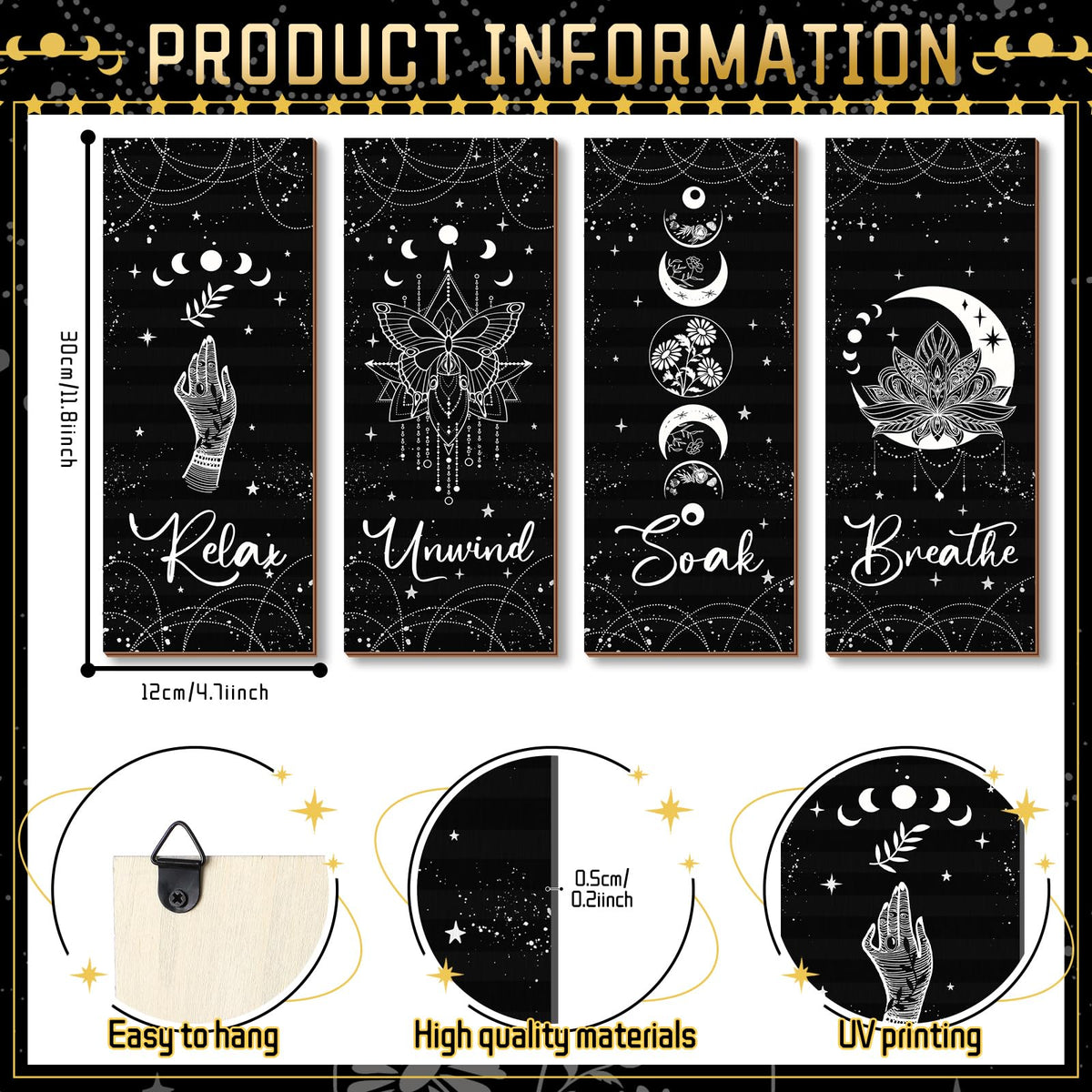 Qunclay 4 Pcs Moon Phase Wall Decor Rustic Boho Wall Art Gothic Witchy Hanging Wooden Ornament Farmhouse Moon Sign for Bedroom Living Room Home Decorations(Black,White)